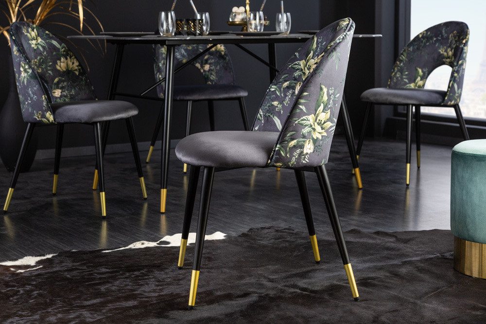 riess-ambiente Esszimmerstuhl PRÊT-À-PORTER grau/schwarz – Samt, florales Muster, goldene Fußkappen (Einzelartikel, 1 St), Retro-Stuhl mit Glamour-Effekt – ideal für Esszimmer oder Büro