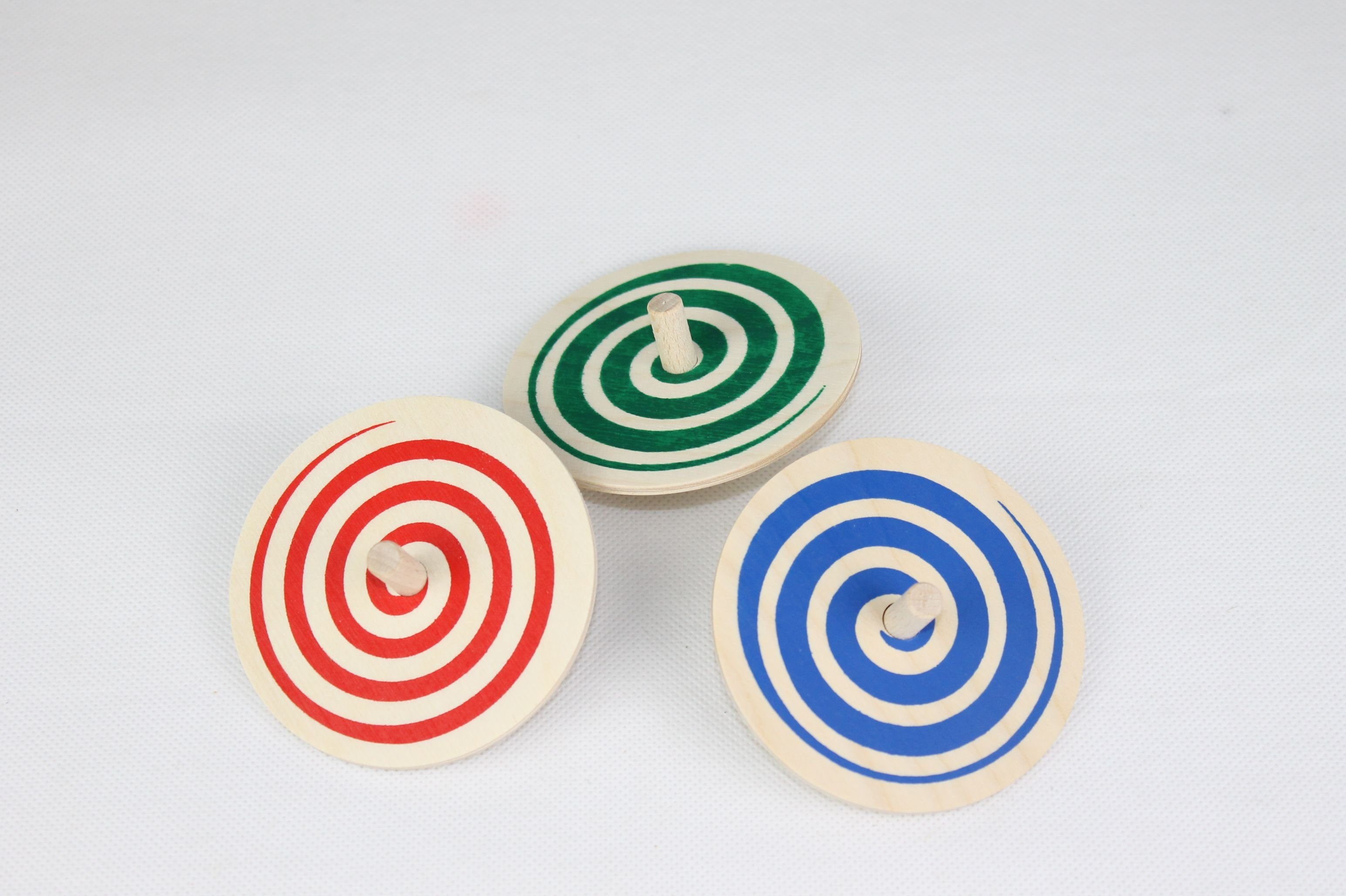 Erzgebirgische Holzspielwaren Ebert GmbH Brummkreisel Holzspielzeug Spiralkreisel Blau Ø 8cm H 3,4cm NEU, rotiert um eine Achse, kann sich frei bewegen