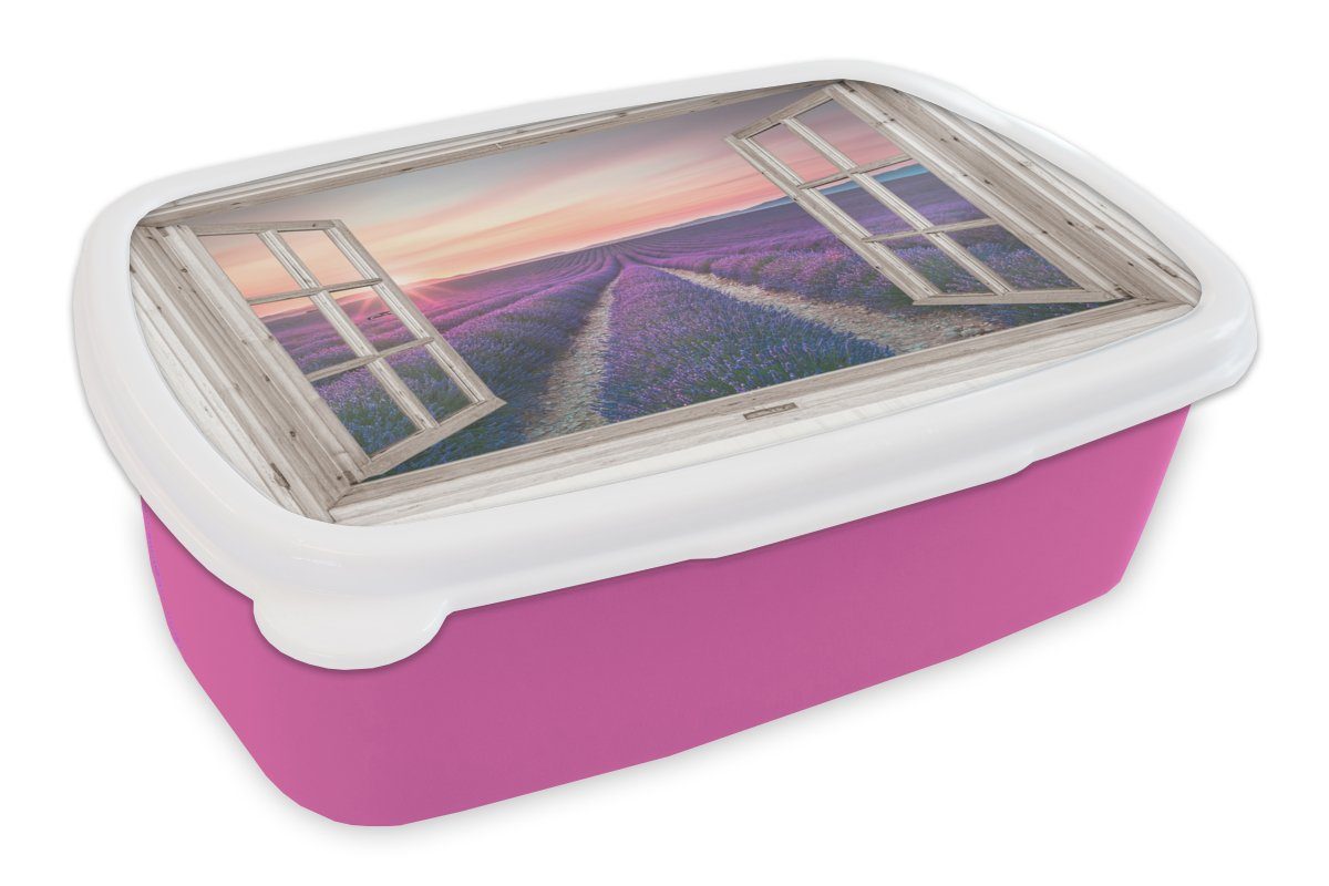 rosa Lila, Mädchen, Lunchbox Snackbox, - - Brotbox Kunststoff MuchoWow Durchsichtig Sonnenuntergang Kunststoff, Brotdose für Erwachsene, - Lavendel - Holz Kinder, - Blumen (2-tlg),