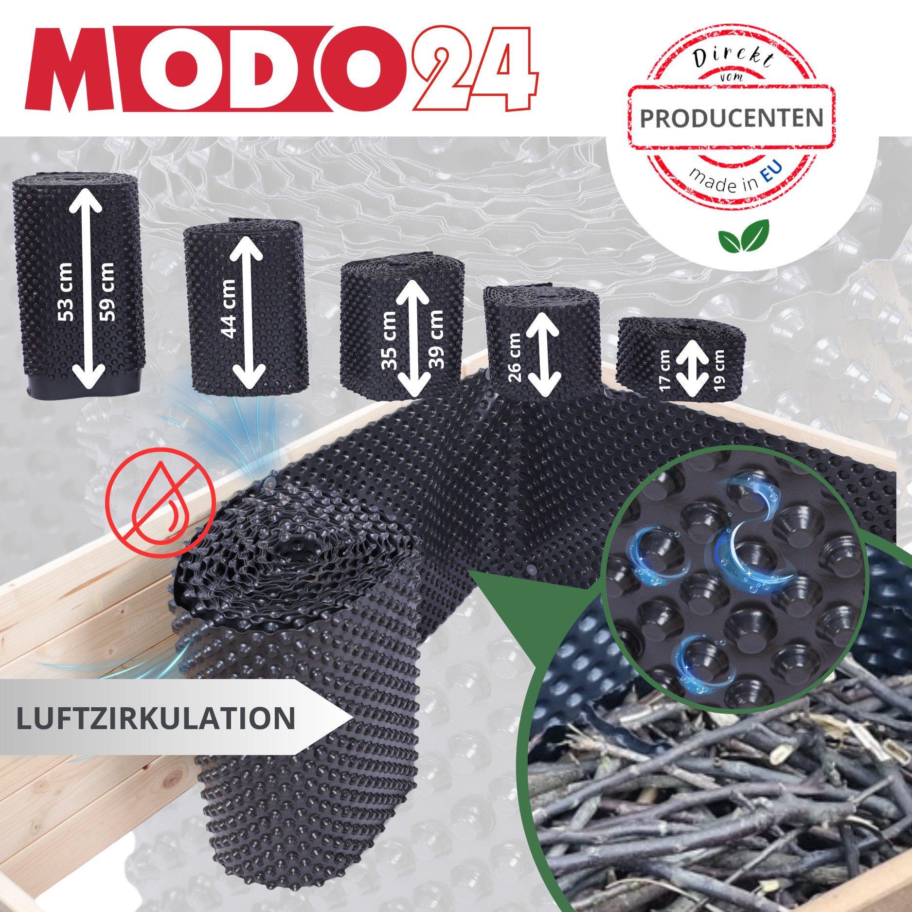 Modo24 Abdeckfolie Noppenfolie für Hochbeete, Noppenbahn mit Montageset, Hochbeetfolie, für Holzkonstruktionen, Schutzfolie, Drainagefolie, Noppenmembran, Dichtungsbahn, Isolierfolie, Abdichtung