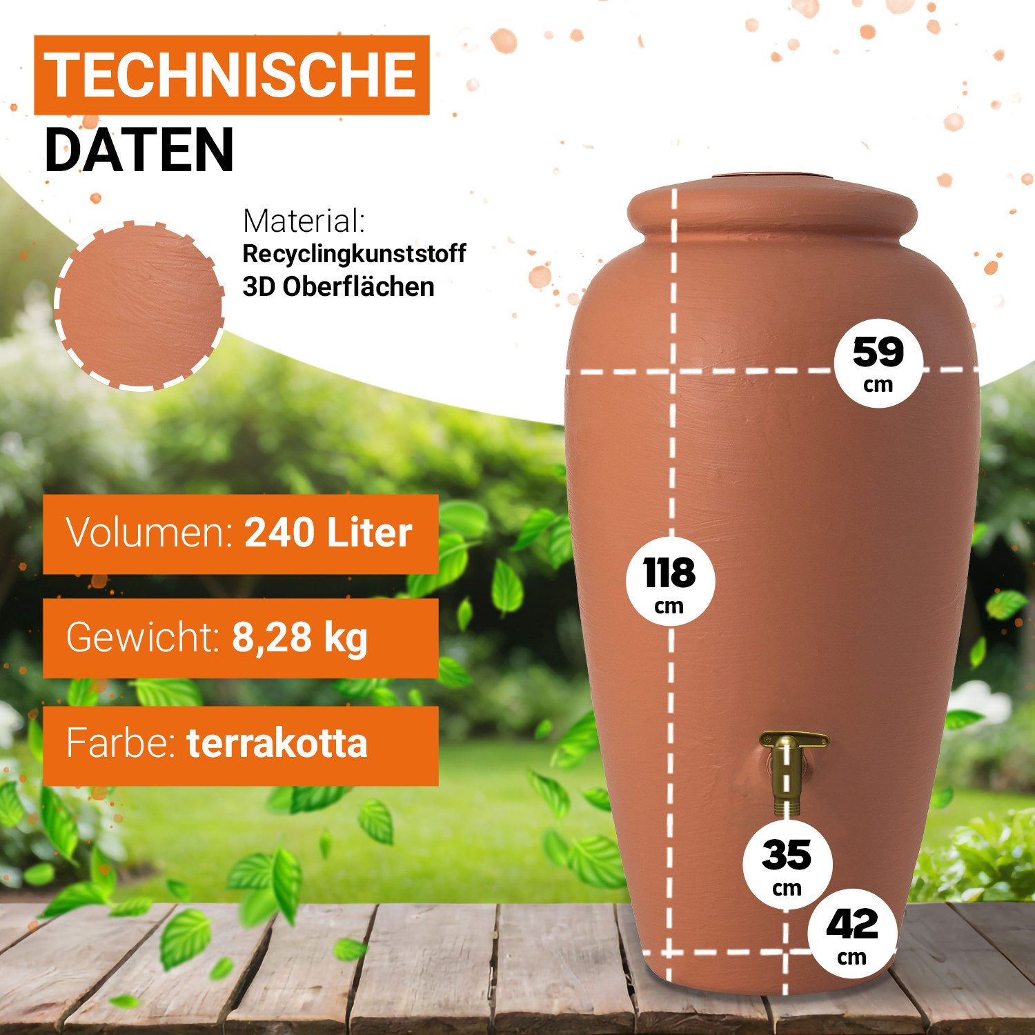 GARANTIA Regentonne Amphore Regentonnen Komplett-Set 240 L terrakotta, 240 l