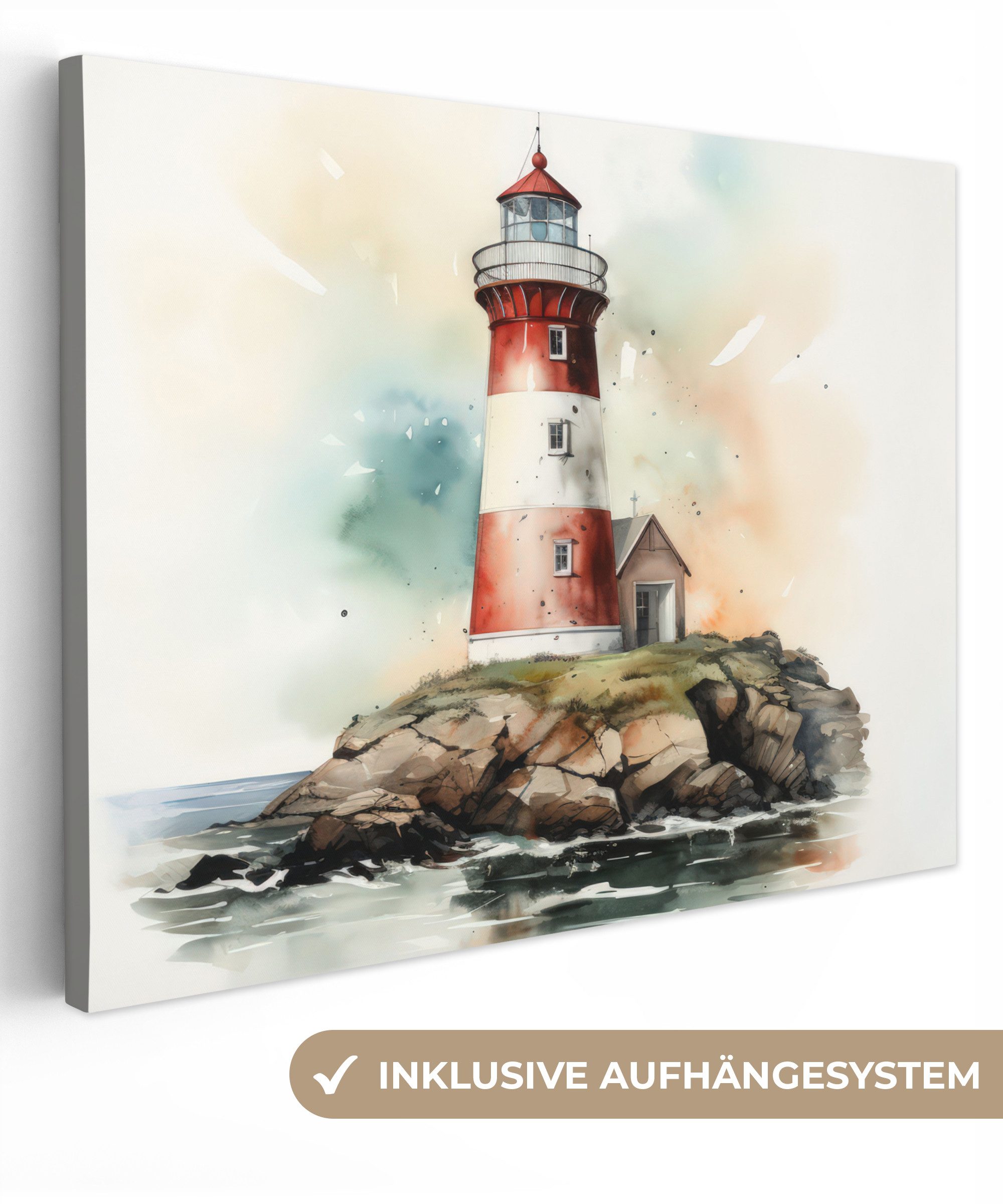 OneMillionCanvasses® Leinwandbild Leuchtturm - Felsen - Weiß - Natur - Meer - Maritim, Fotodruck (1 St), Wandbild Leinwandbilder, Aufhängefertig, Wanddeko 40x30 cm