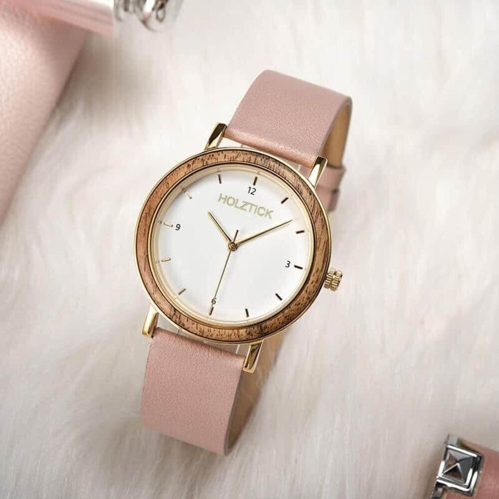 Holztick Bavaria Quarzuhr Erika rosé ERIKA ROSÉ, Damenuhr mit Walnussholz und Echtleder- Armband