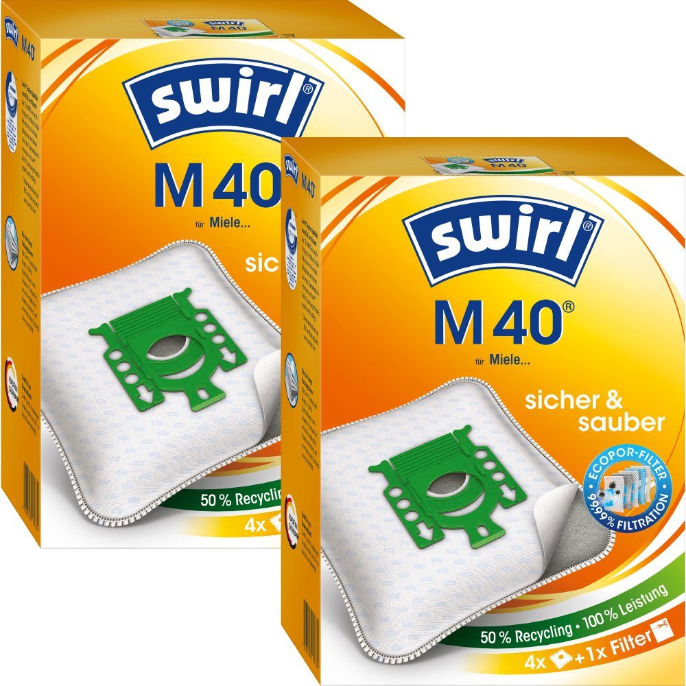 Swirl Staubsaugerbeutel Swirl M40 M 40, passend für Miele Staubsauger, inkl. 2 Filter - zuschneidbar, 8 St., Optimale Passform, EcoPor Qualität für lange Nutzungsdauer