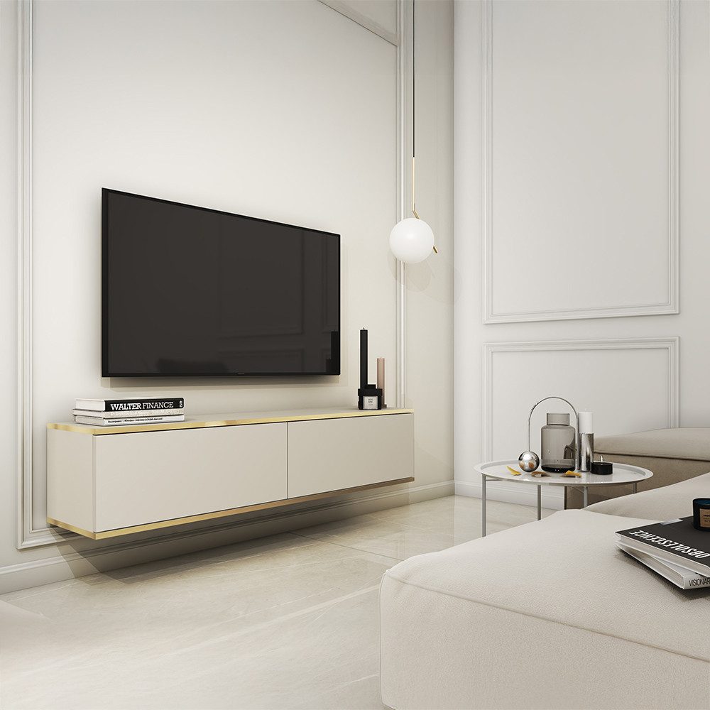 Lomadox Lowboard OLOVO-160, Beige, goldfarbene Akzente, 135 cm Breit, wandhängend