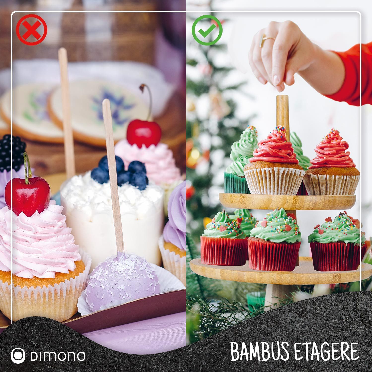 Dimono Etagere Dimono Deluxe 3-stöckige Etagere – Servierständer aus Natur-Schiefer, Bambus, (3-Etagen Servierschalen, Obst- & Gemüseschale), Servierschalen für Desserts, Obst, Gemüse, Süßes uvm.
