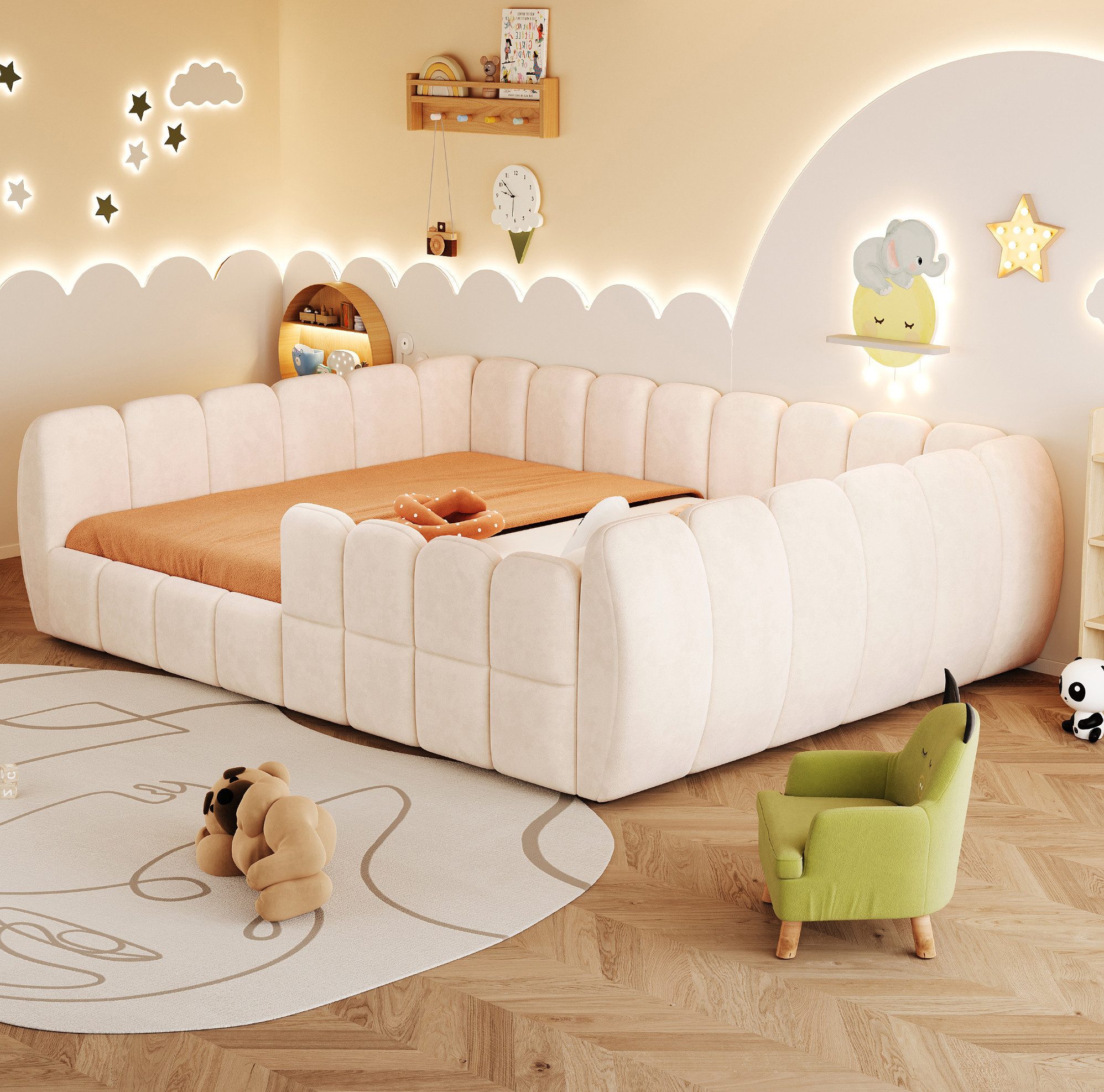REDOM Polsterbett Gepolstertes Kinder-Bodenbett mit Samtbezug,Jugendbett (komplett geschlossenem Design, abgerundeten Ecken, 140x200 cm Kinderbett), Inklusive Matratze