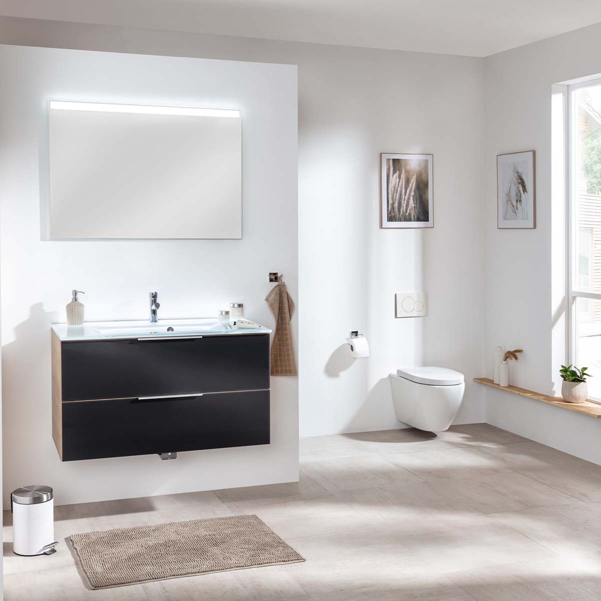 FACKELMANN Badmöbel-Set B. BRILLANT Badmöbel Set 3-teilig, Anthrazit Glas, Glas Weiß+Spiegel
