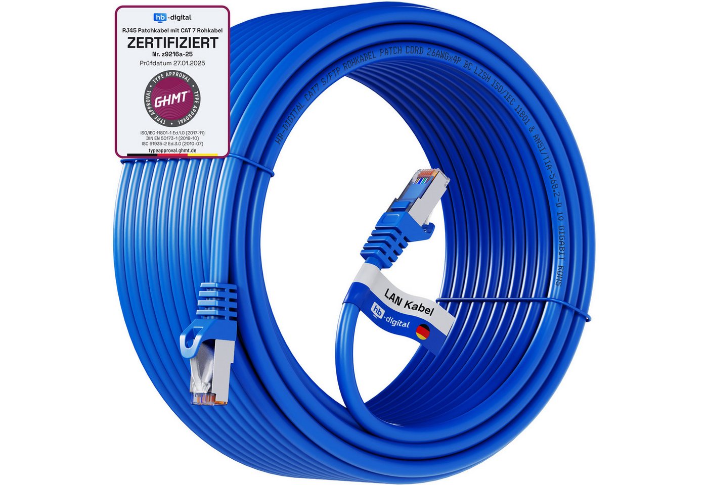 HB-DIGITAL Patchkabel CAT.7 Rohkabel LAN Kabel Cat7 S/FTP PiMF LSZH Netzwerkkabel, Netzwerkstecker, RJ-45 (1500 cm), Kontaktoberfläche: Pins Vergoldet 50µ
