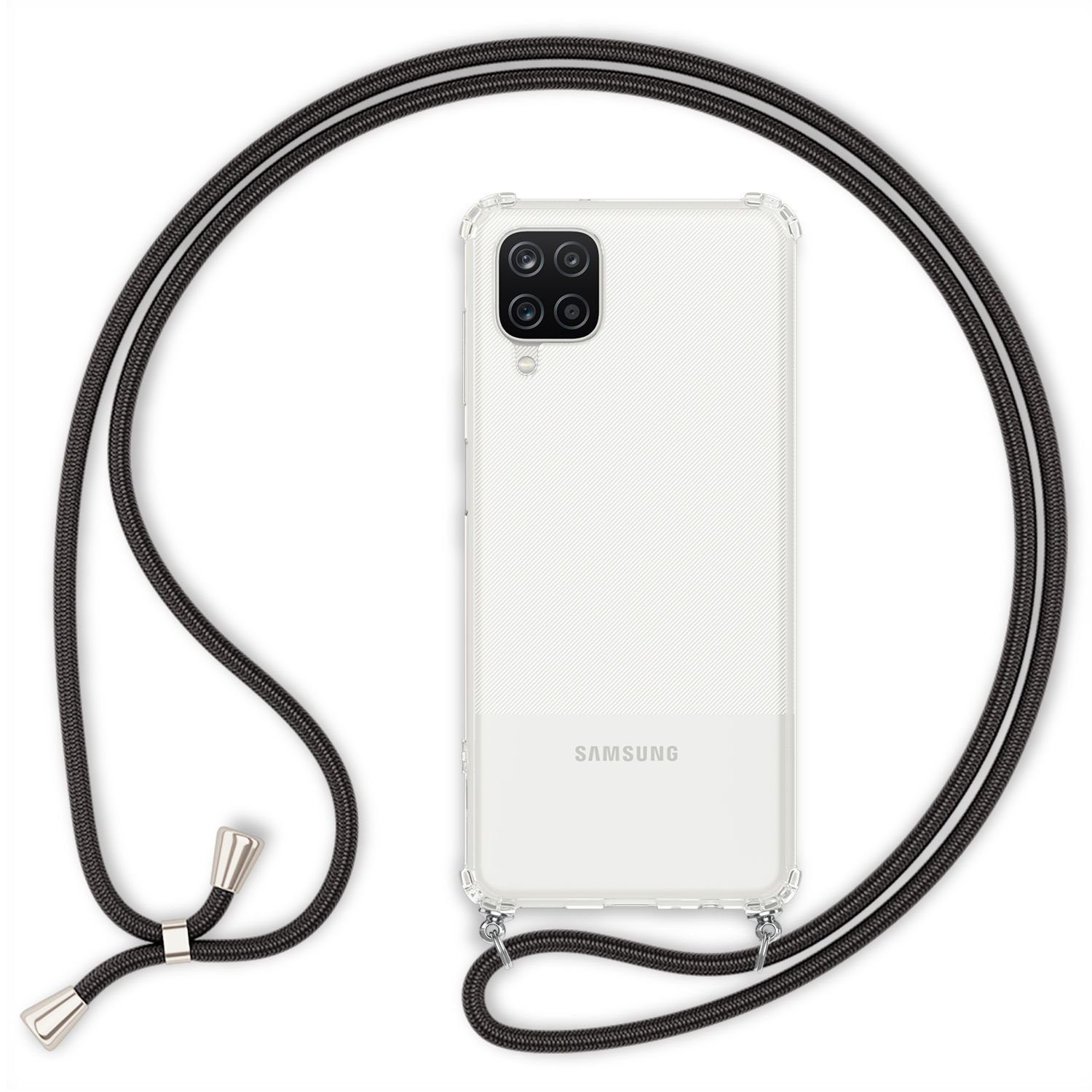 Nalia Backcover Samsung Galaxy A12, Klare Hybrid Hülle mit Kette / Schutzhülle zum Umhängen / Handyband