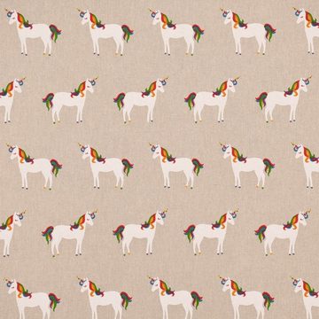 SCHÖNER LEBEN. Stoff Dekostoff Leinenlook Unicorn Colourful Einhörner natur bunt 1,40m