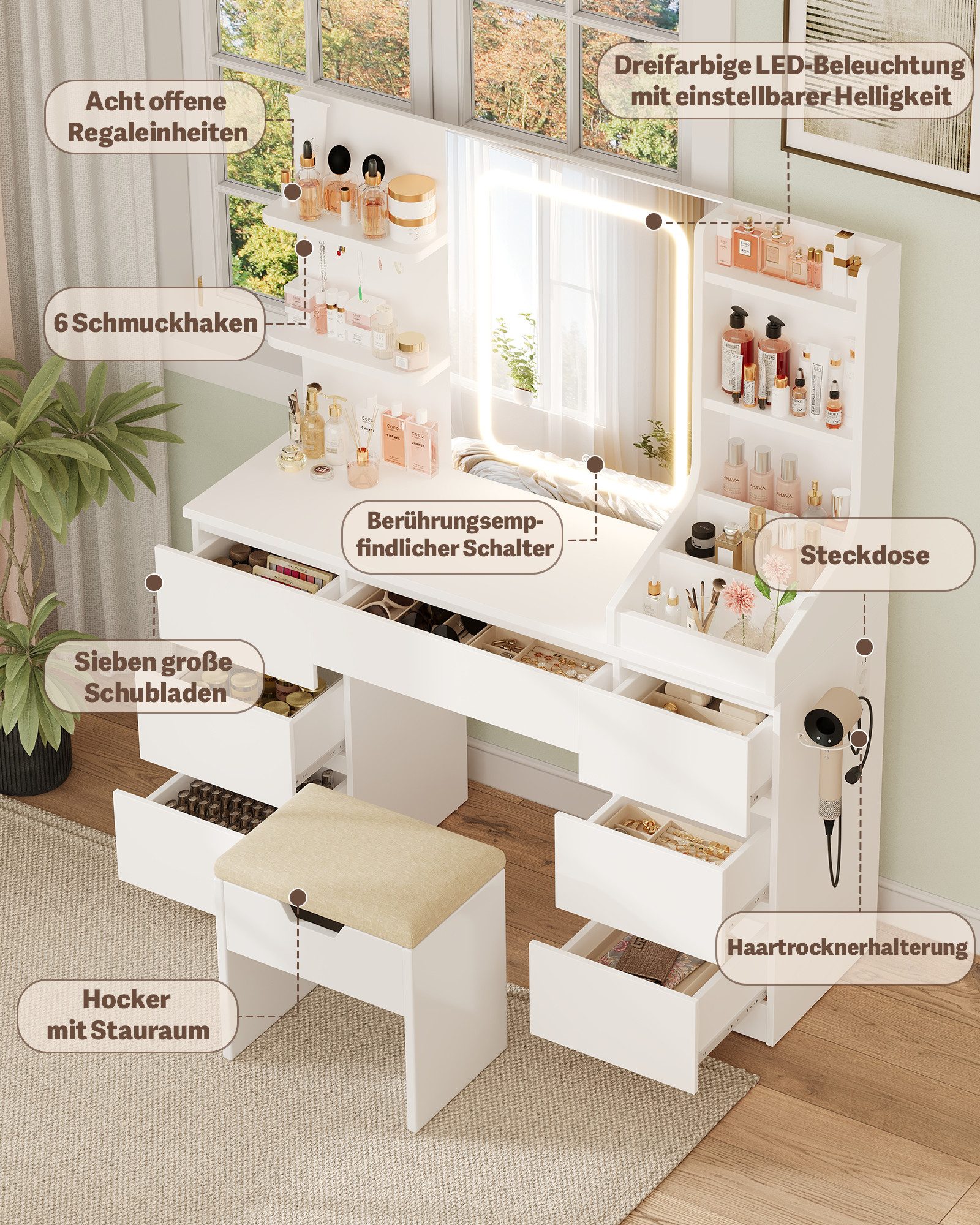 HOMALL Schminktisch Spiegel mit LED-Beleuchtung, 7 Schubladen (Maße: 110 × 40 × 139 cm, drei einstellbare Farbtemperaturen, mit 8 offenen Ablagefächern, 6 Schmu – Bild 4 von 5