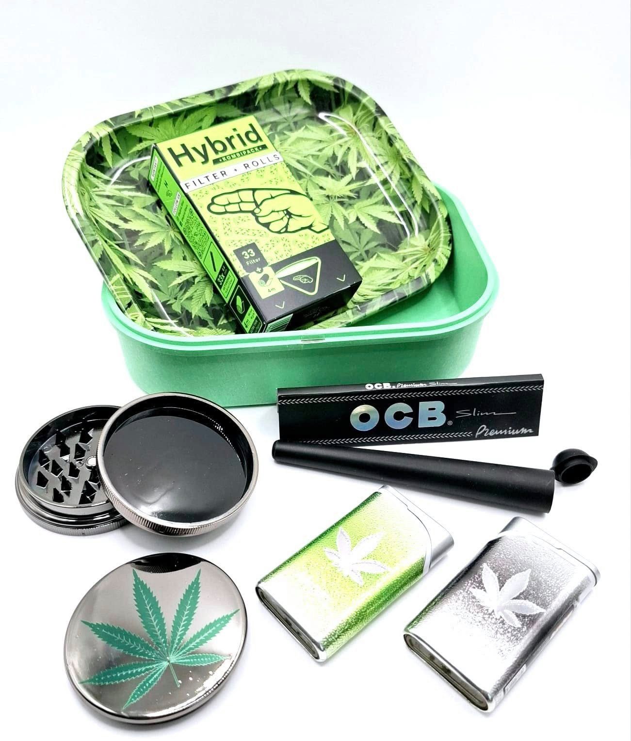 meytrade Feuerzeug Set Hanf Box, Tablett, Grinder, OCB Blättchen, Jointhülle, Filter (7-St), 7 teilige Cannabis Box mit viel Zubehör