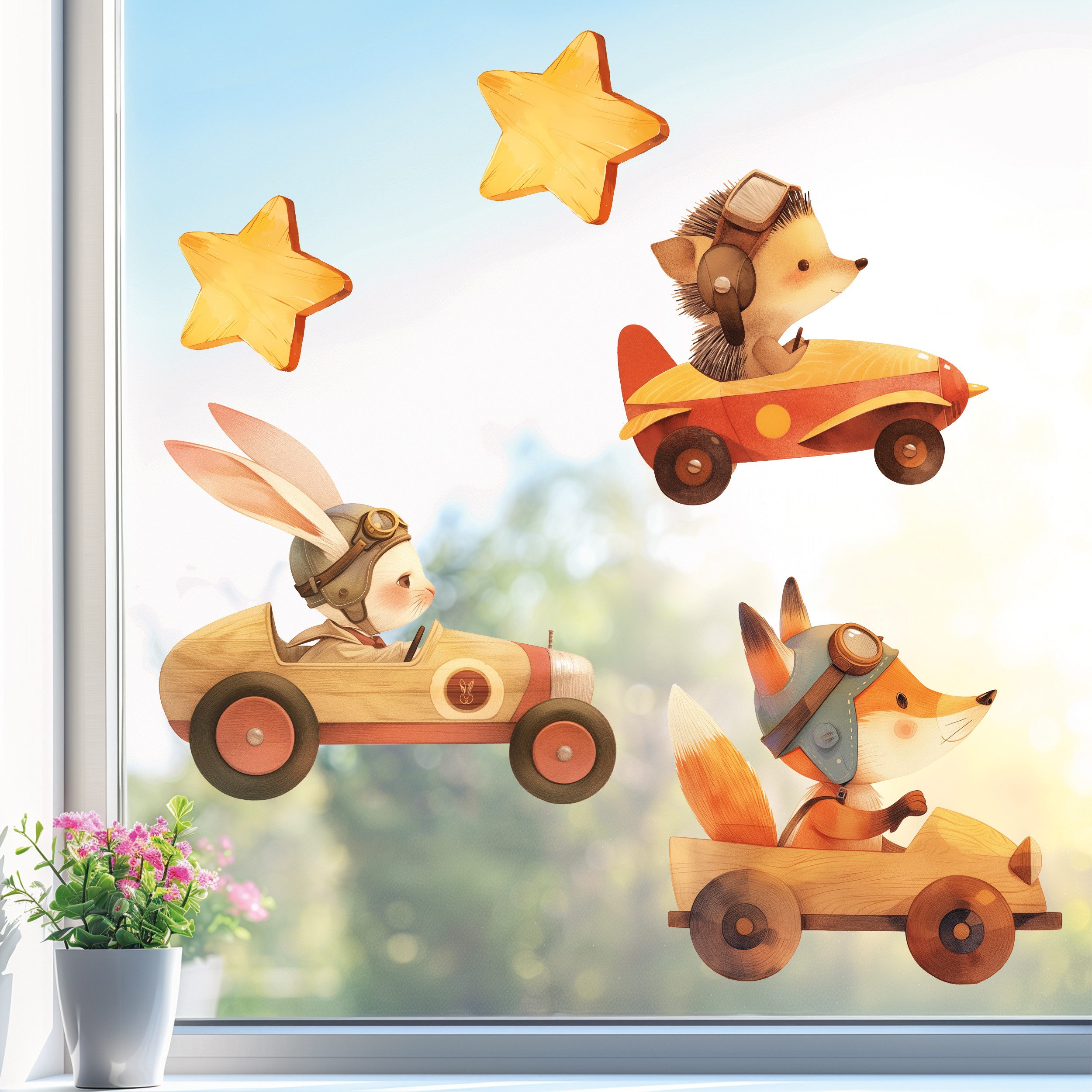 Sunnywall Fensterbild wiederverwendbares Fensterbild Waldtiere in Rennautos in Holz-Optik, wiederverwendbar, statisch haftend, beidseitiger Druck
