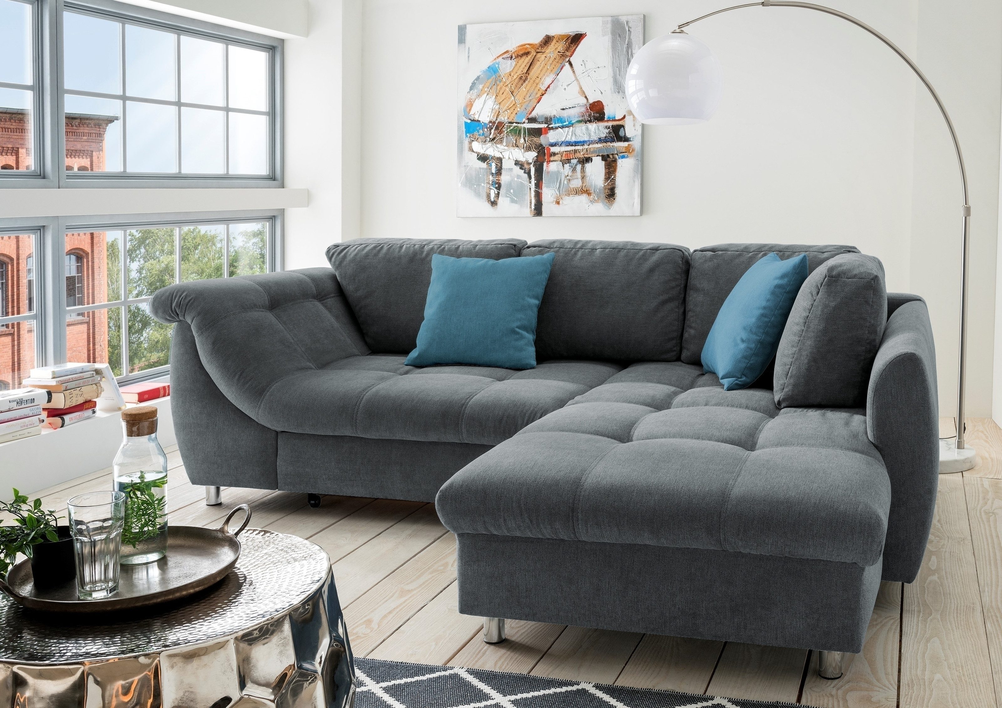 freiraum Schlafsofa Allin, Schlaffunktion, 6 Kissen, Bezug anthrazit/denim - 250x66x190 (BxHxT)