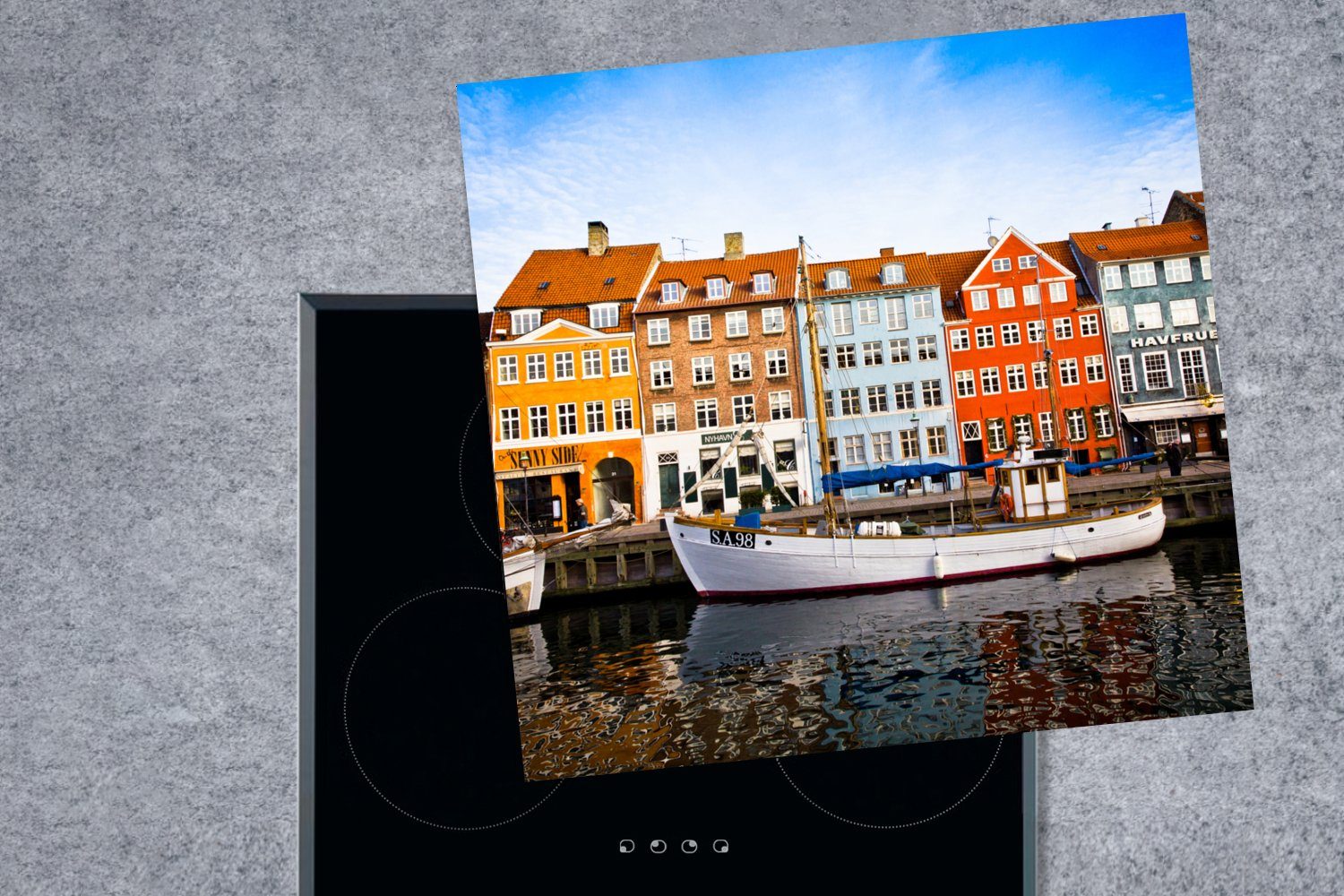 MuchoWow Herdblende-/Abdeckplatte Häuser am Wasser Dänemark, Ceranfeldabdeckung, cm, - küche (1 Arbeitsplatte tlg), für Vinyl, in Kopenhagen 78x78