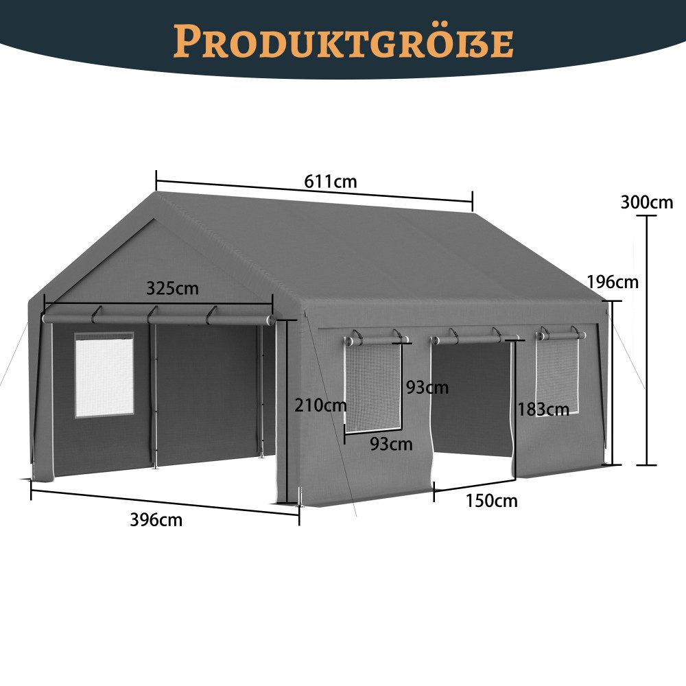 BBWL Einzelcarport mit verzinktem Stahlrahmen, UV-Schutz, Rolltoren und Fenstern, BxT: 396x611 cm, Allwetter Zeltgarage 6x4x3 m mit wasserdichter PE-Plane
