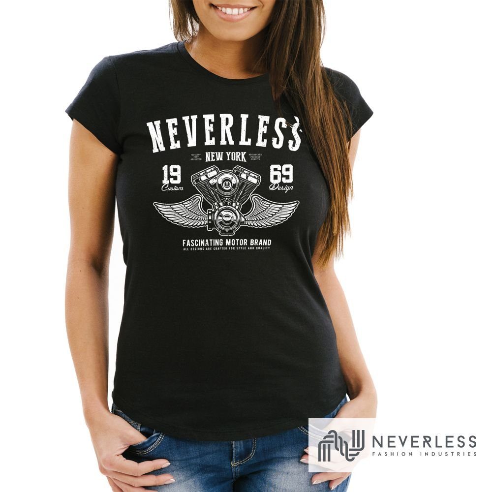 Wings Damen Print-Shirt Print Engine Motorblock Neverless Neverless® T-Shirt Flügel Fit Motorrad Slim Biker mit