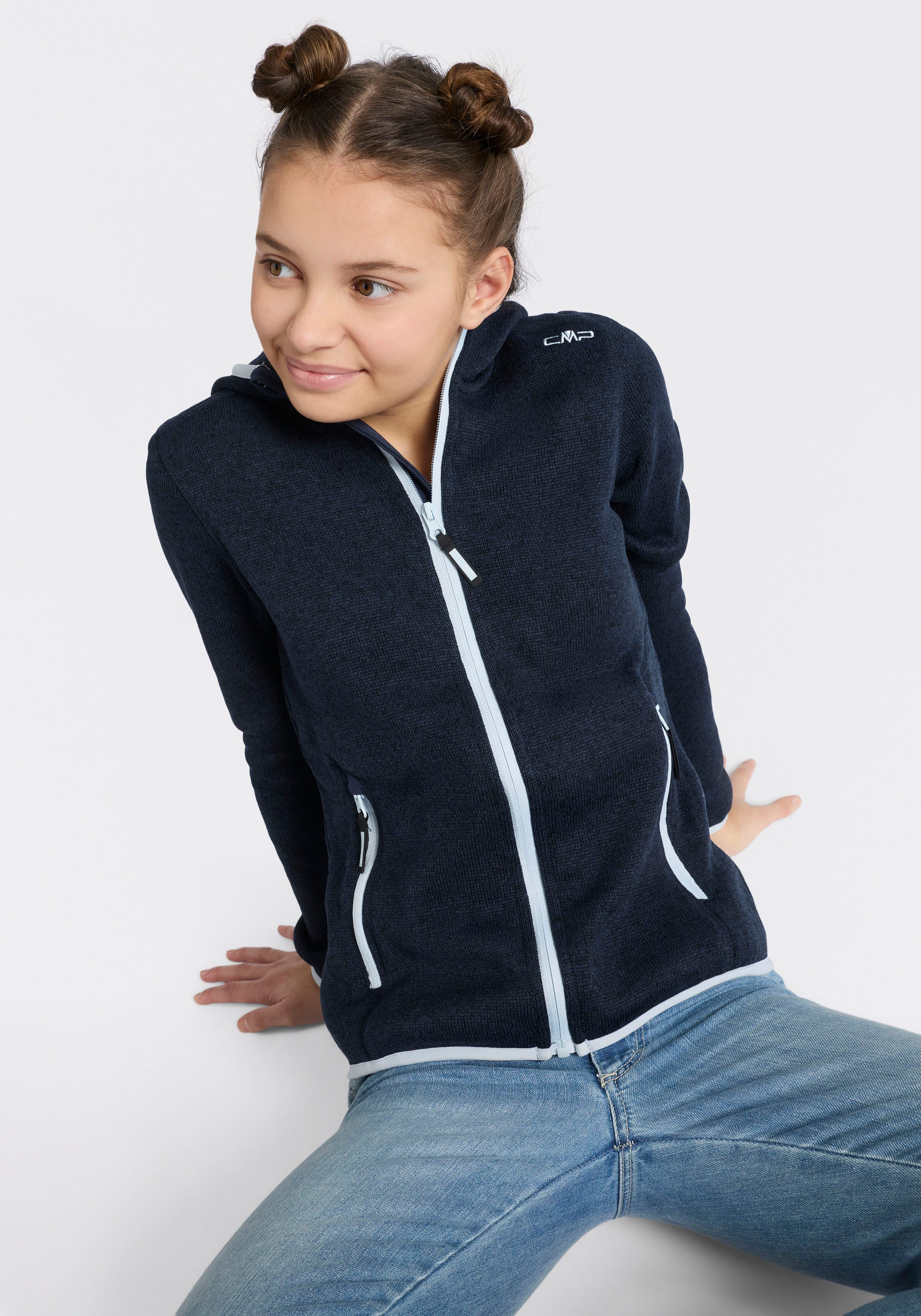 CMP Strickfleecejacke KID G JACKET FIXED HOOD wärmende Strickfleecejacke aus Polyester, mit Kapuze und Kinnschutz