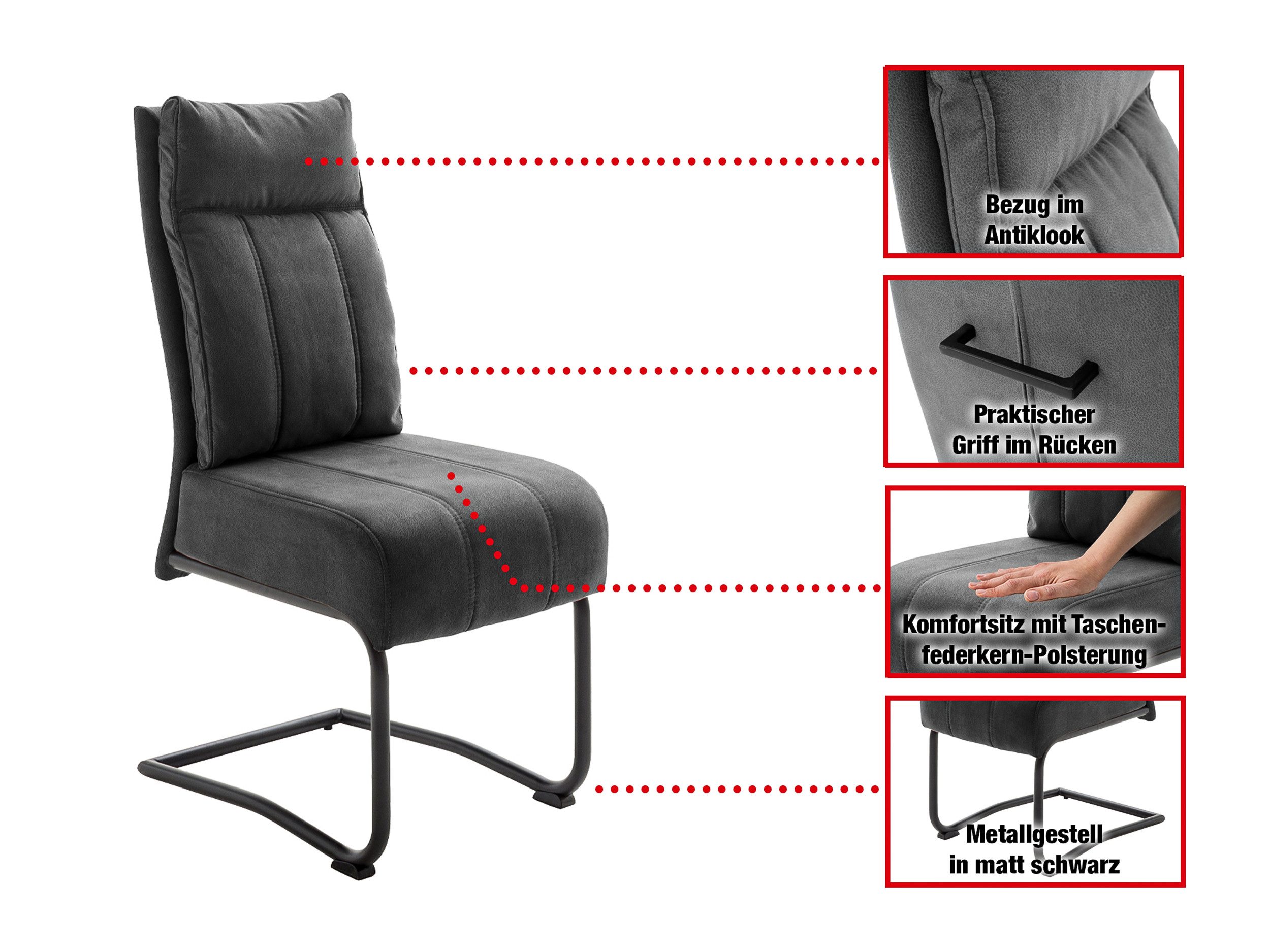 Massivart® Freischwinger mit Taschenfederkern, Microfaser Antiklook, Esszimmerstuhl, »Azul«, praktischer Griff am Rücken · Metallgestell schwarz matt