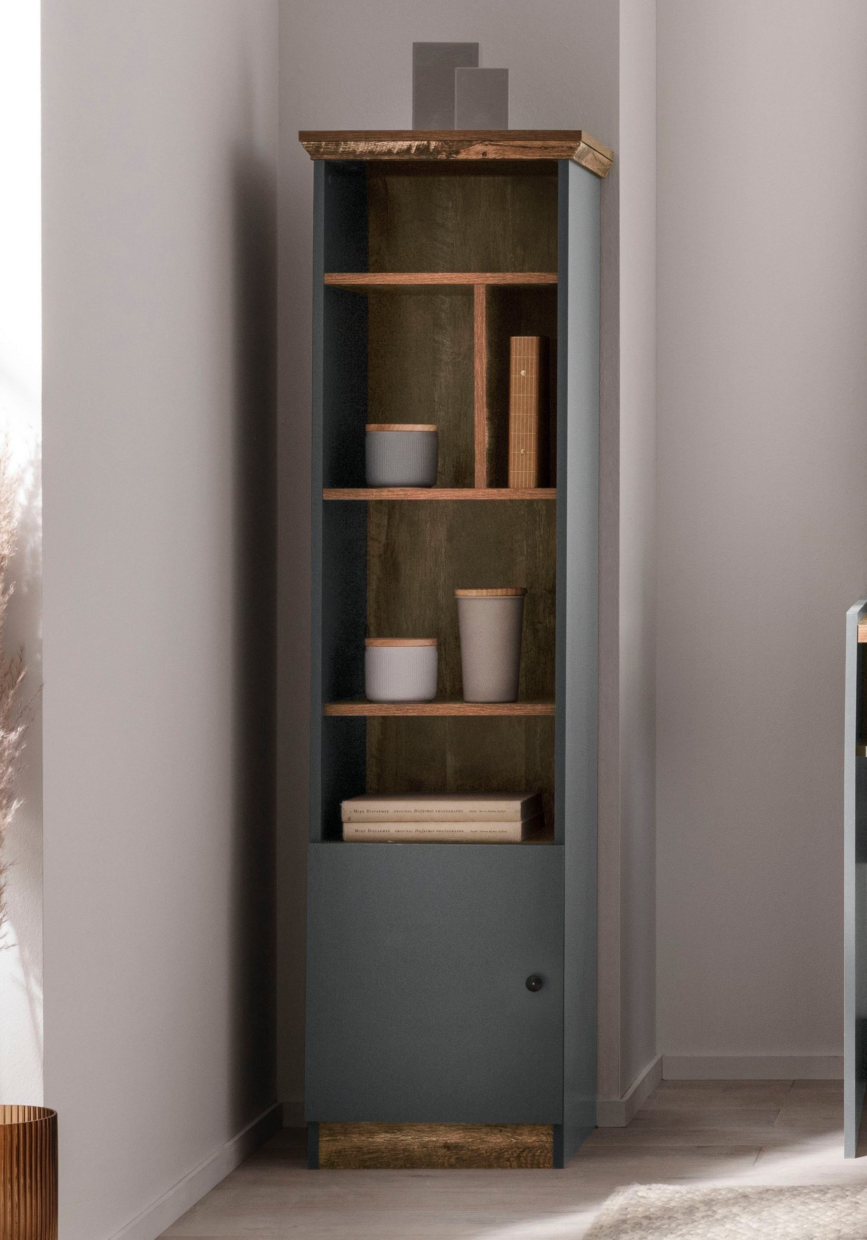 loft24 Standregal Casper, Regal mit Tür, Bücherregal, 5 Fächer, Landhaus, rustikal
