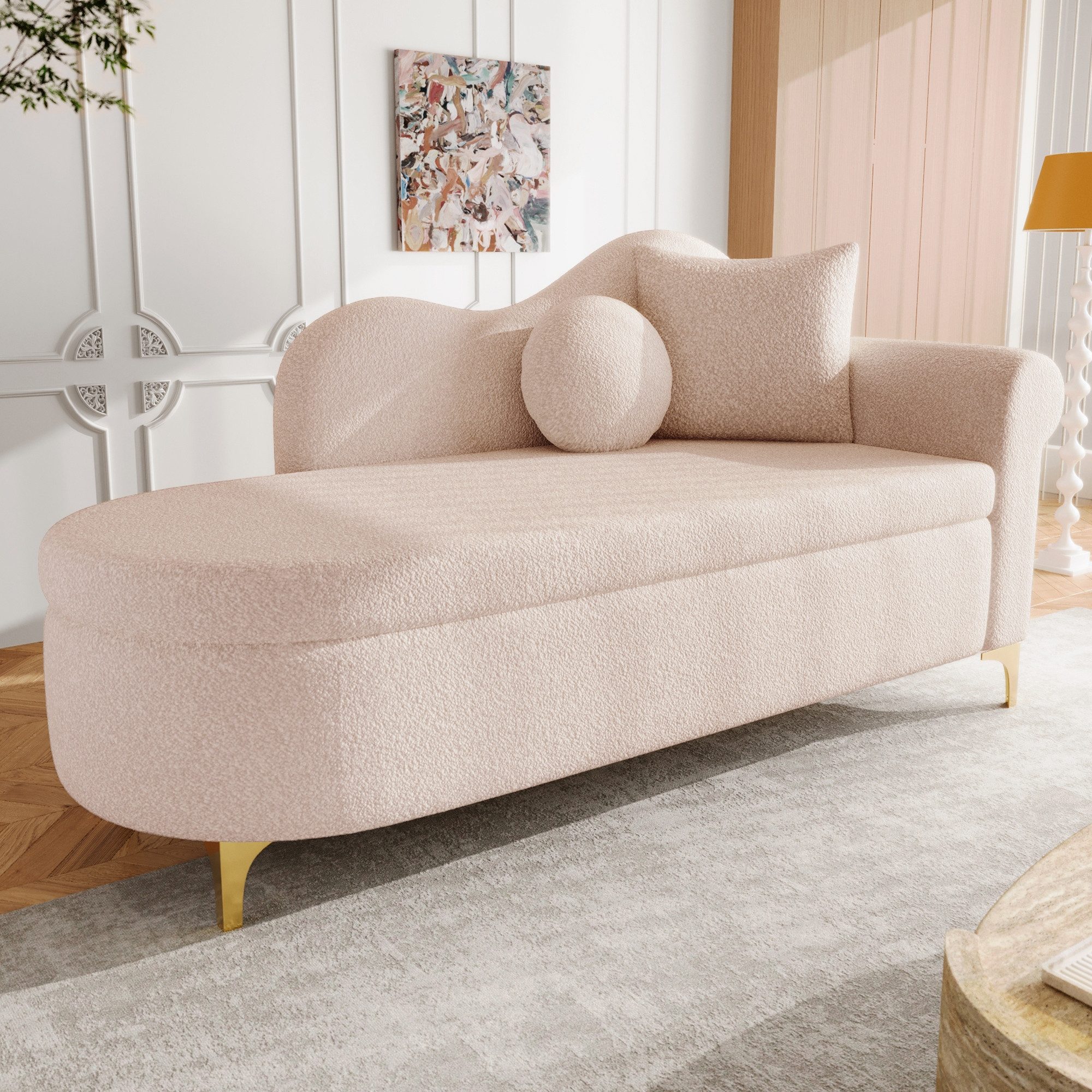 BlingBin Chaiselongue Multifunktionale Liege mit Stauraum, 134 cm, wellenförmige Rückenlehne, 1er Set 1 Teile, hochdichter Sitzkissen, inkl. Lendenkissen + Nackenkissen