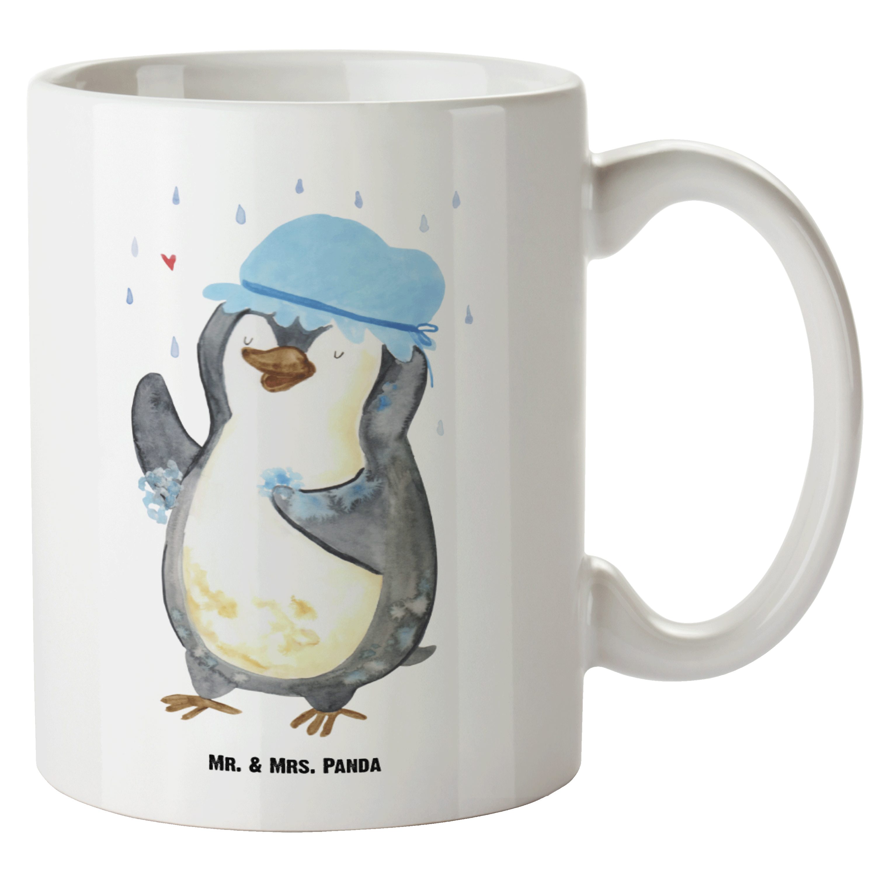 Mr. & Mrs. Panda Tasse Pinguin duscht - Weiß - Geschenk, Grosse Kaffeetasse, XL Becher, Groß, XL Tasse Keramik