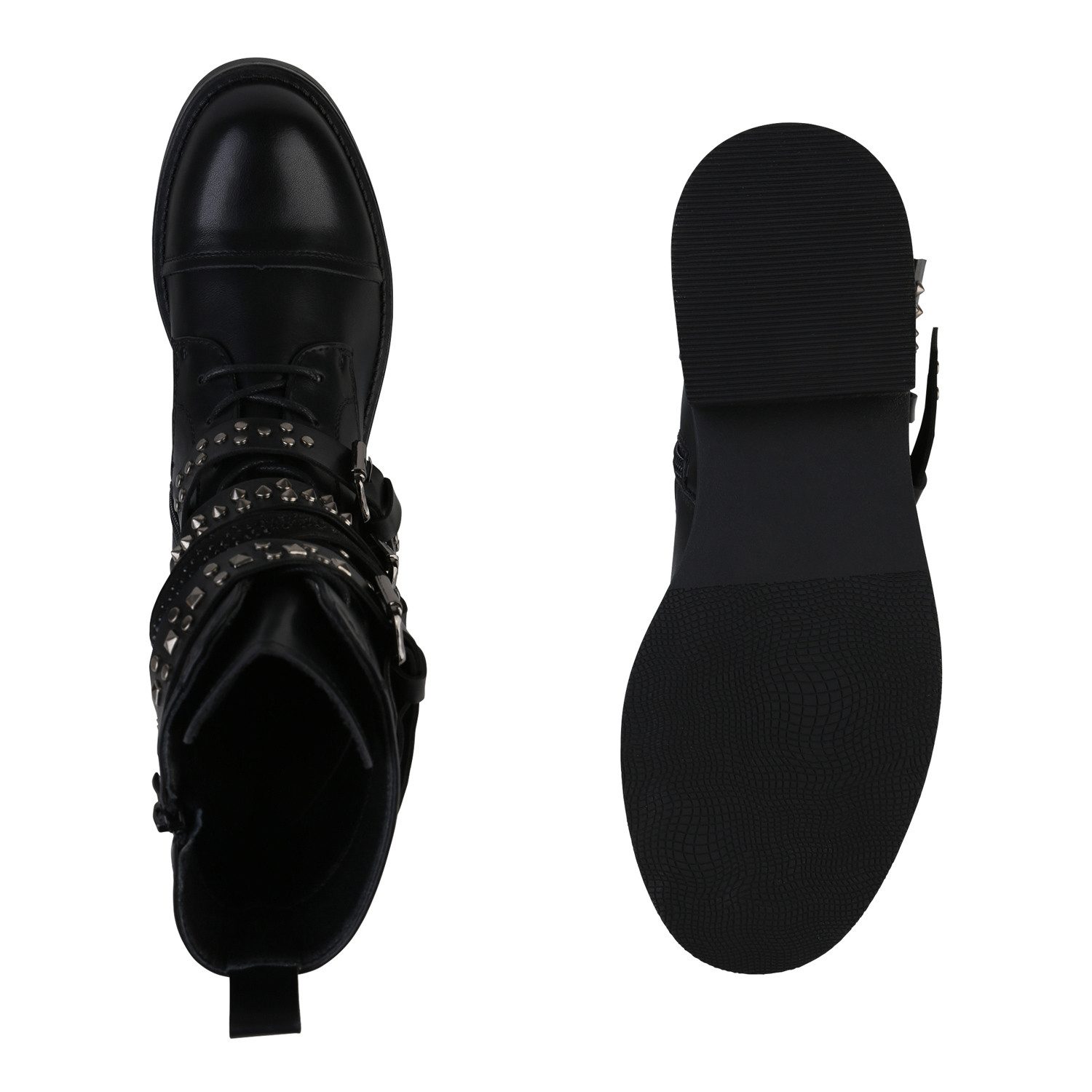 VAN HILL 841813 Stiefel Damen Bikerstiefel Stiefel Schnallen Nieten Strass