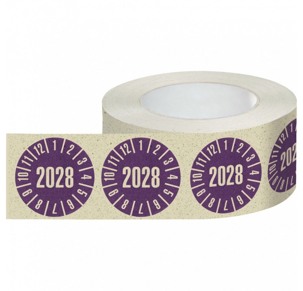 Thumbnail - Dreifke Hinweisschild Prüfplakette 2028, violett, Graspapier, selbstklebend, Ø 30mm, 500 Stk