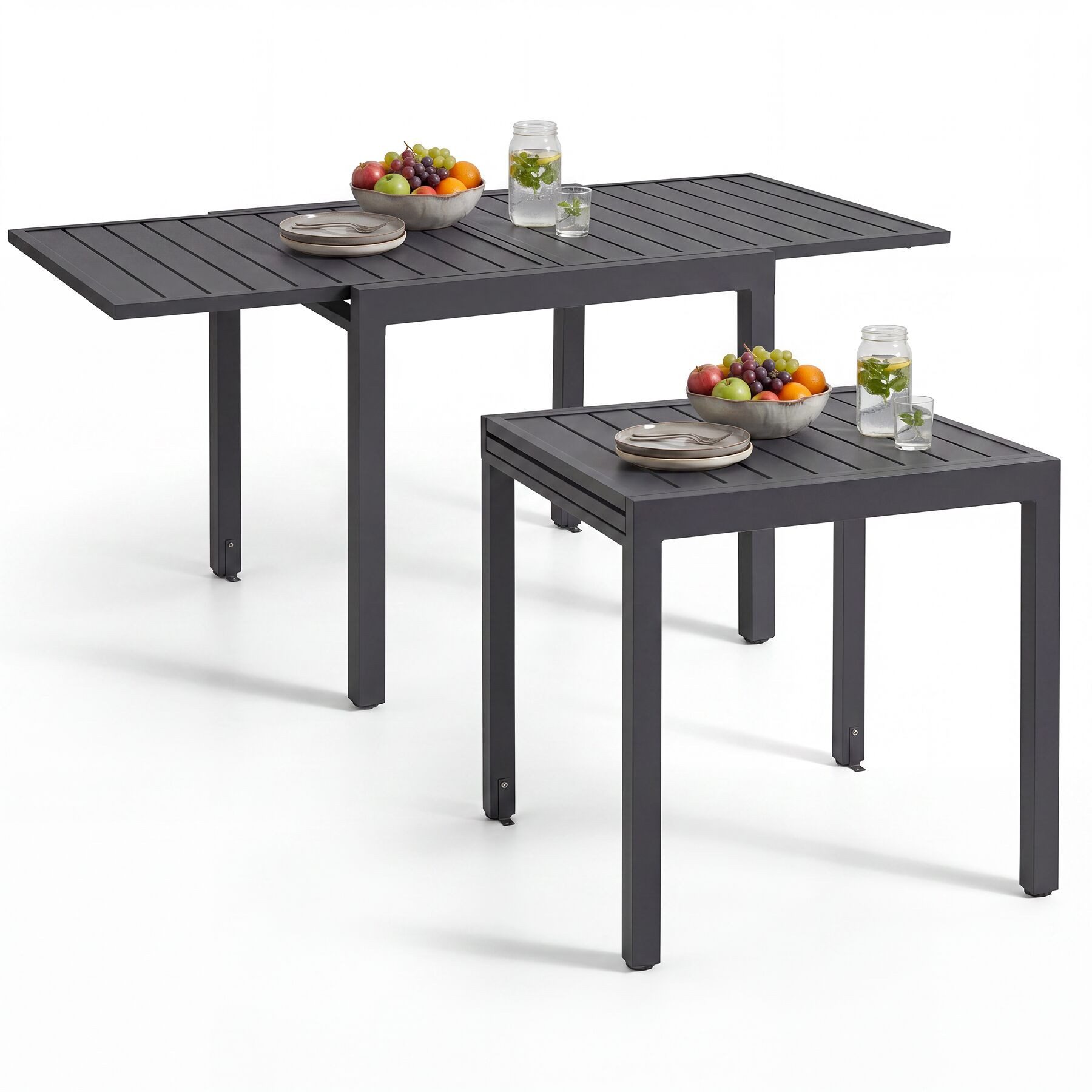 tectake Gartentisch Balkontisch für 4–6 Personen aus Aluminium, 80–160 x 80 x 75 cm (ausziehbarer Tisch Campos, 1-St., in dunkelgrau), ausziehbar, wetterfest und UV-beständig, Lamellenoberfläche