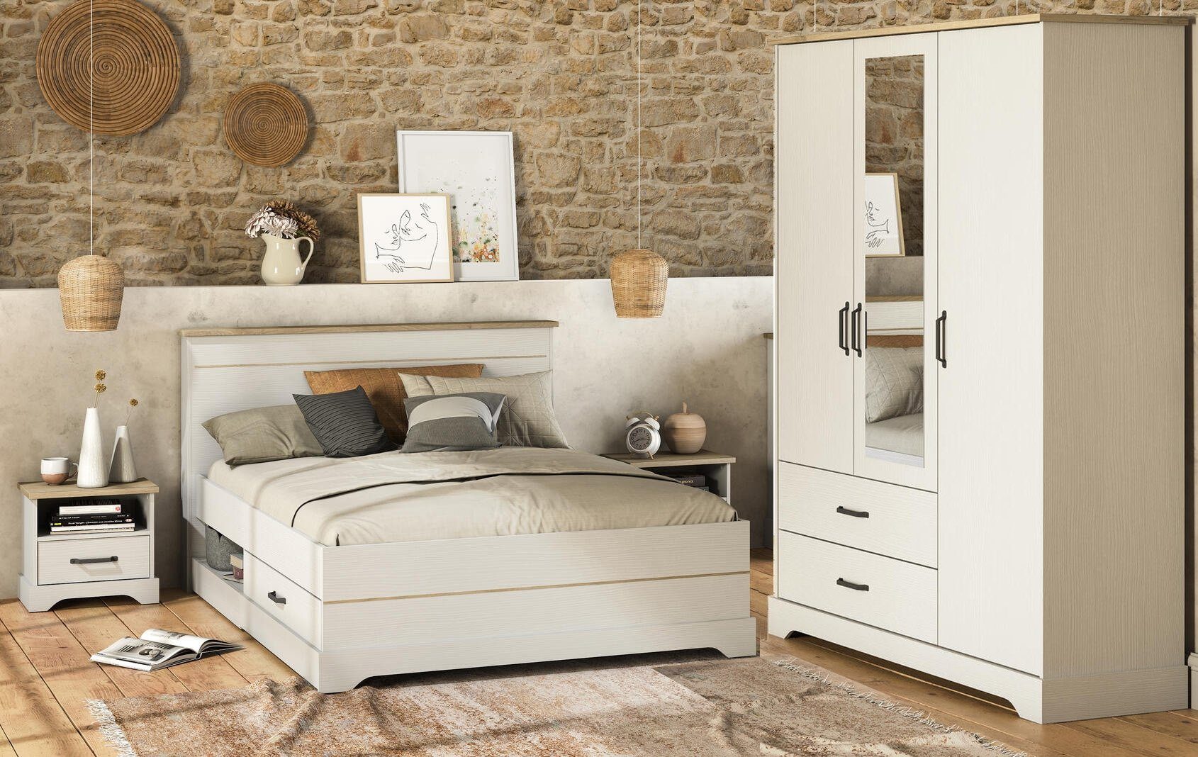 möbelando Schlafzimmer-Set Cottage, in weiß/Eiche Kronberg mit Absetzungen in Eiche Kronberg.