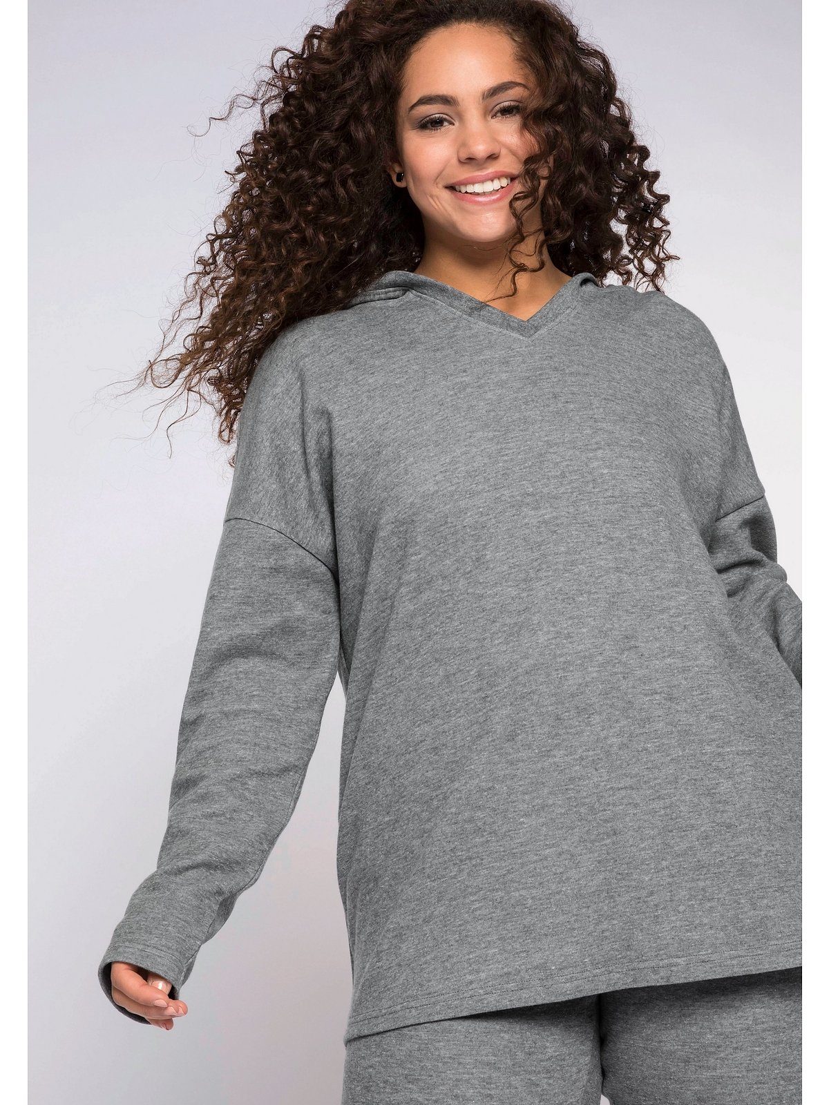 Damen Pullover Sheego Kapuzensweatshirt Sweatshirt mit V-Ausschnitt
