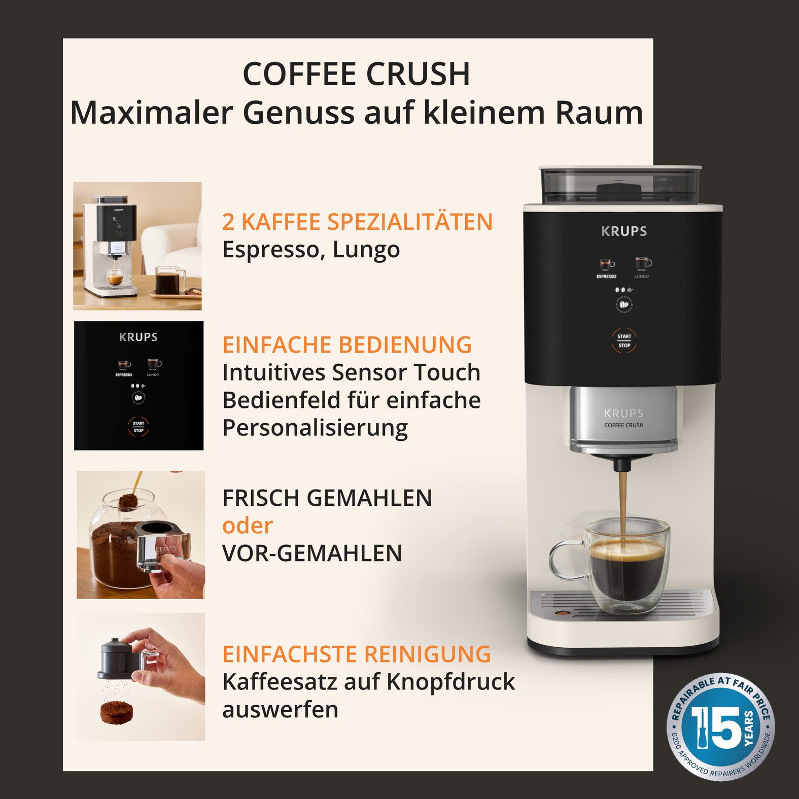 Krups Kaffeevollautomat Coffee Crush SA4001 für Espresso & Lungo, platzsparend mit 15 cm Breite, frisch gemahlene Bohnen oder vor-gemahlen, einfache Reinigung