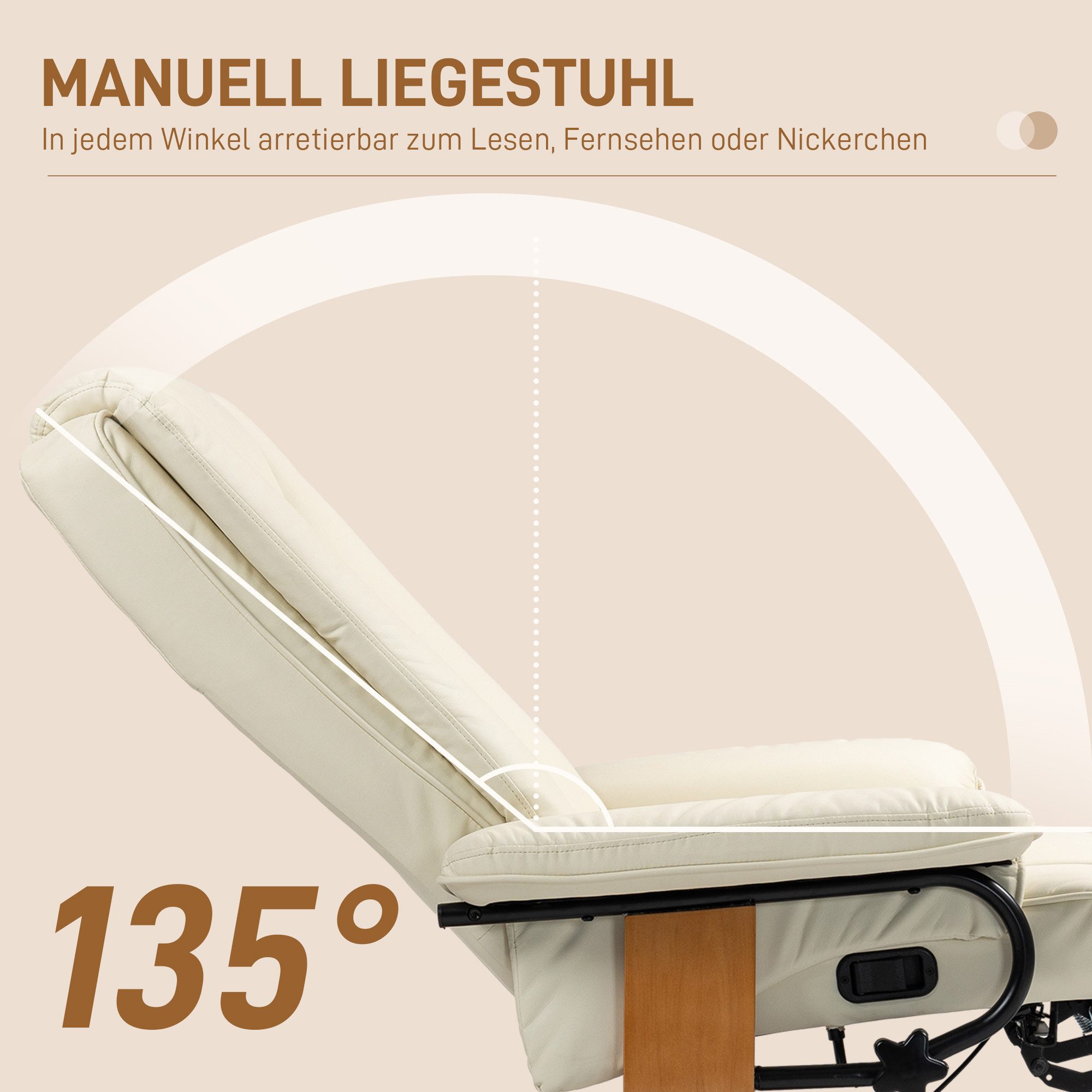 HOMCOM Relaxsessel Drehbar Fernsehsessel mit Liegefunktion, Fußstütze (Liegesessel, 1-St., TV-Sessel), für Wohnzimmer, Schlafzimmer, Cremeweiß – Bild 4 von 5
