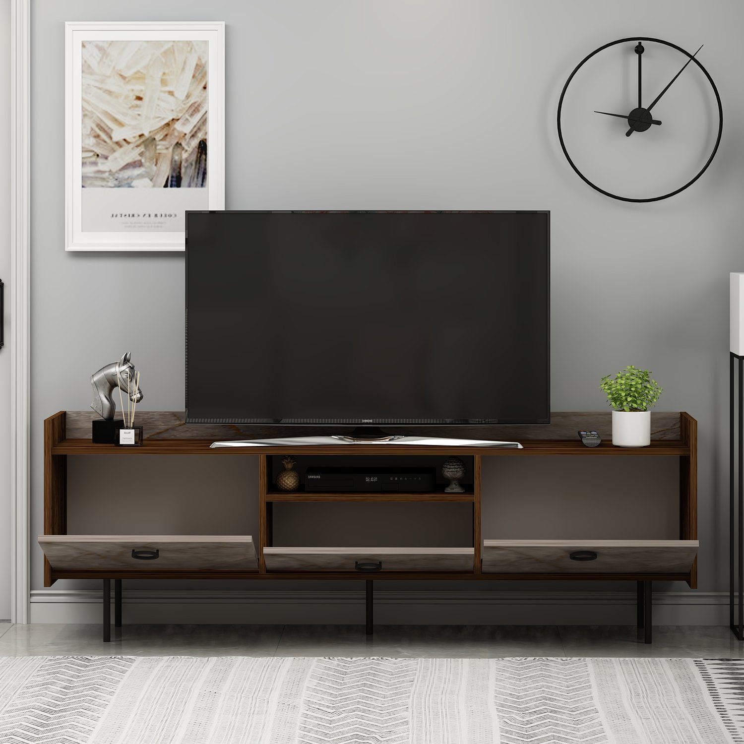 moebel17 TV-Regal TV Lowboard Büsra Walnuss Grau 3 türig 9192, modernes TV Lowboard in Walnuss Grau mit Metall Füße