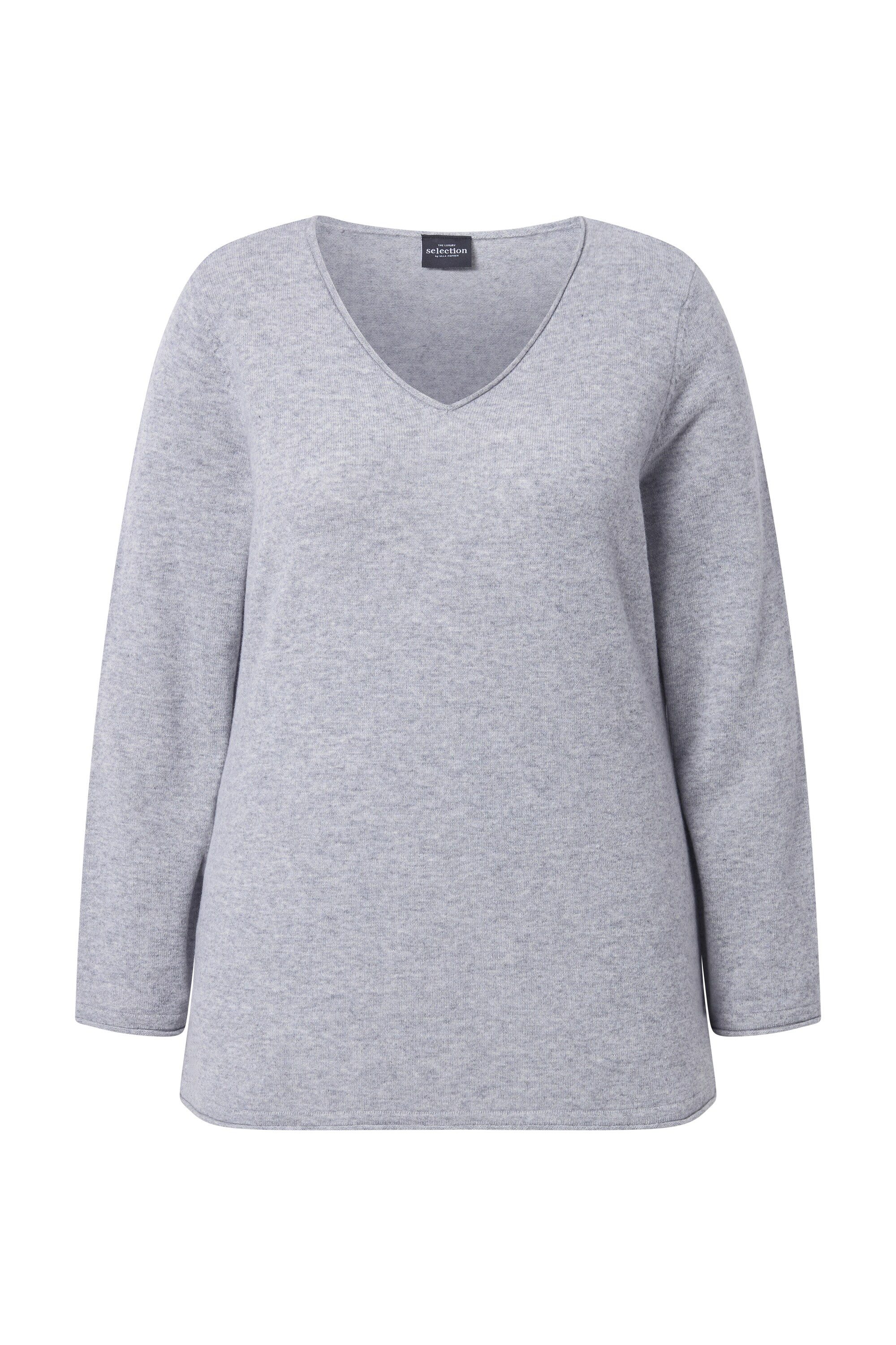 Ulla Popken Strickpullover Merino-Pullover Rollkanten V-Ausschnitt günstig online kaufen