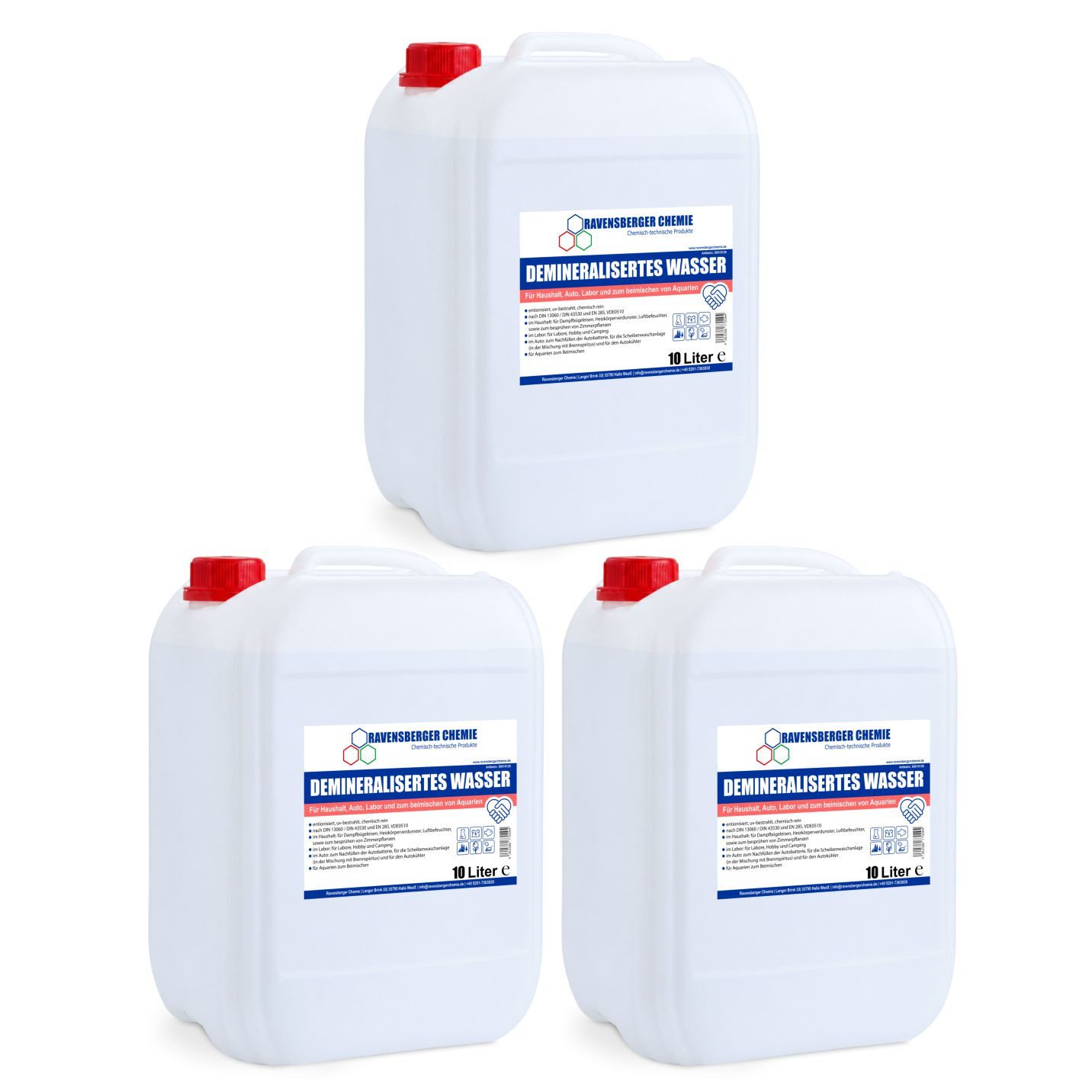 Ravensberger Chemie Bügelwasser VE-Wasser Demineralisiertes Wasser - 10 L, 3x 10 Liter Kanister von Ravensberger Chemie -, kalkfrei für Auto, Batterie, Haushalt, Dampfbügeleisen und Labor