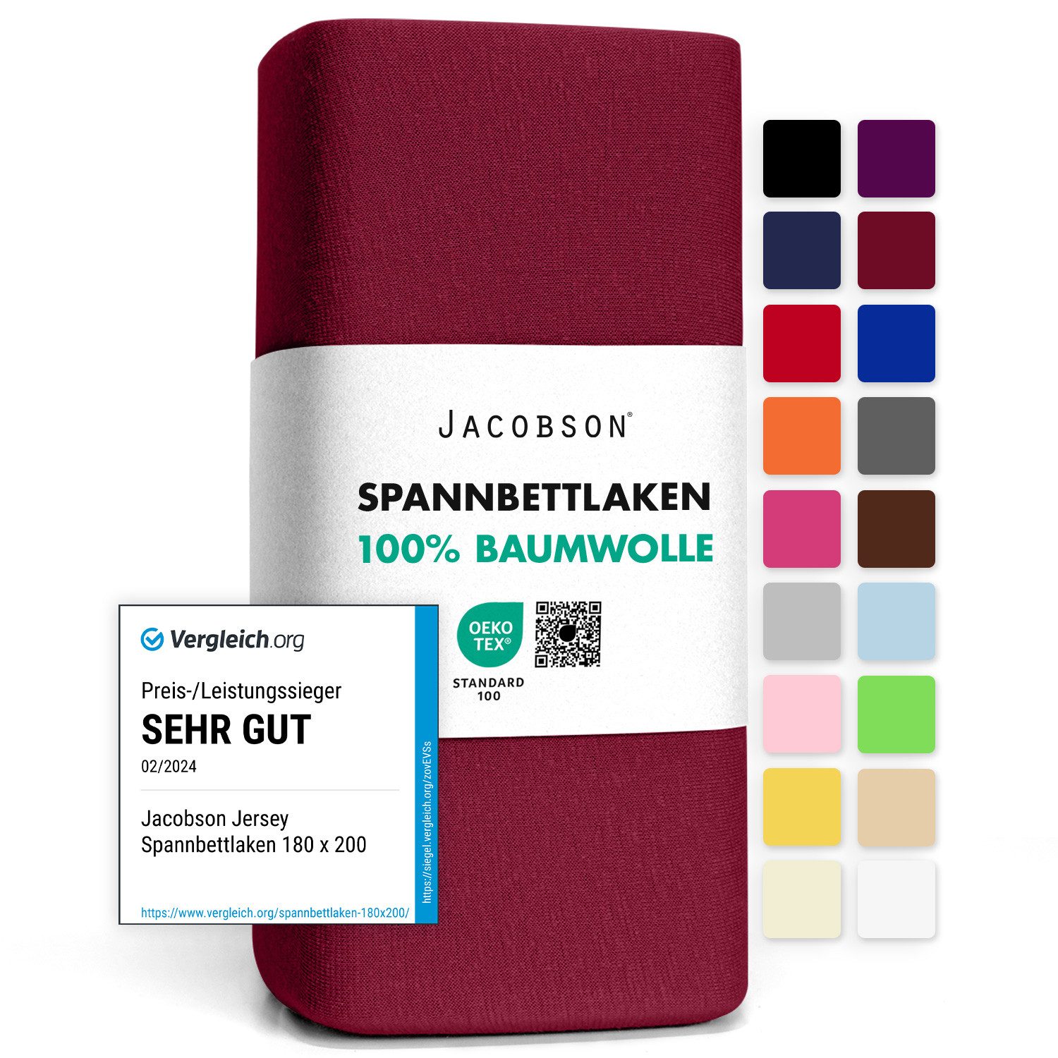 Jacobson Spannbettlaken aus 100% Baumwolle, Jersey Bettlaken 160 g/m², Spannbetttuch mit Gummizug, pflegeleicht & viele Farben