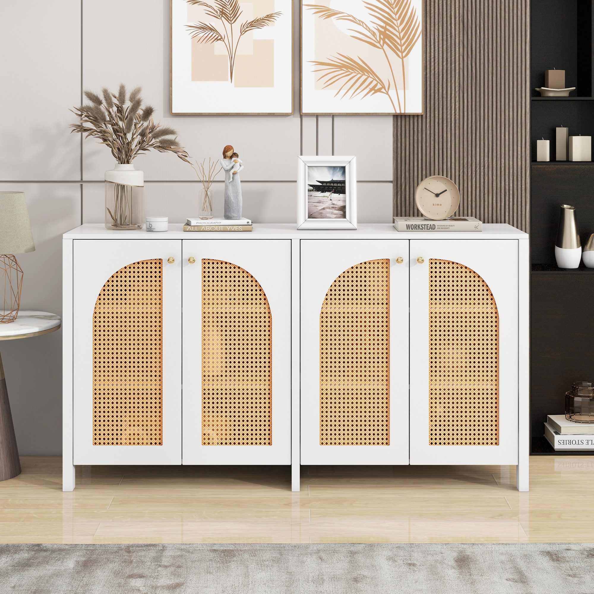 Celya Sideboard Modernes Sideboard im minimalistischen Stil 4-Rattantür (für Esszimmer, Wohnzimmer, Küche), Metallgriff einfaches Buffetschrank
