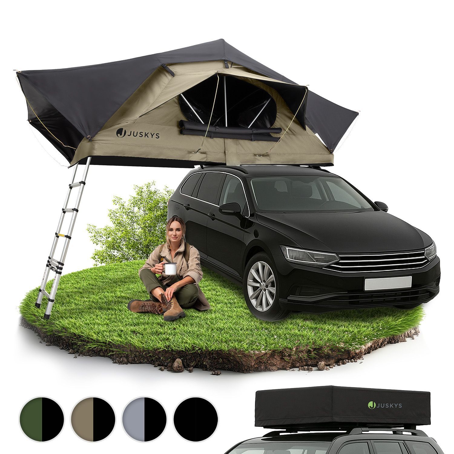 Juskys Dachzelt Lago, Wasserdicht, Teleskopleiter, 2 Personen Zelt, LED Beleuchtung