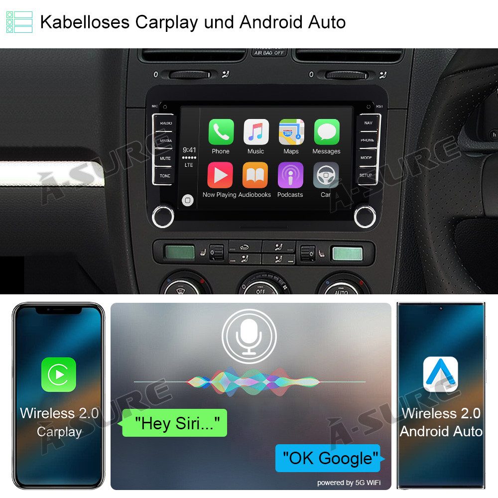 A-Sure 4+64 Android 15 CarPlay für VW GOLF 5 6 Plus Polo Cadddy Touran Passat Autoradio (RDS, DSP, 8Core, Digitalradio (DAB), FM, AM, 4+64G / Bluetooth 5.4 /WiF – Bild 5 von 5