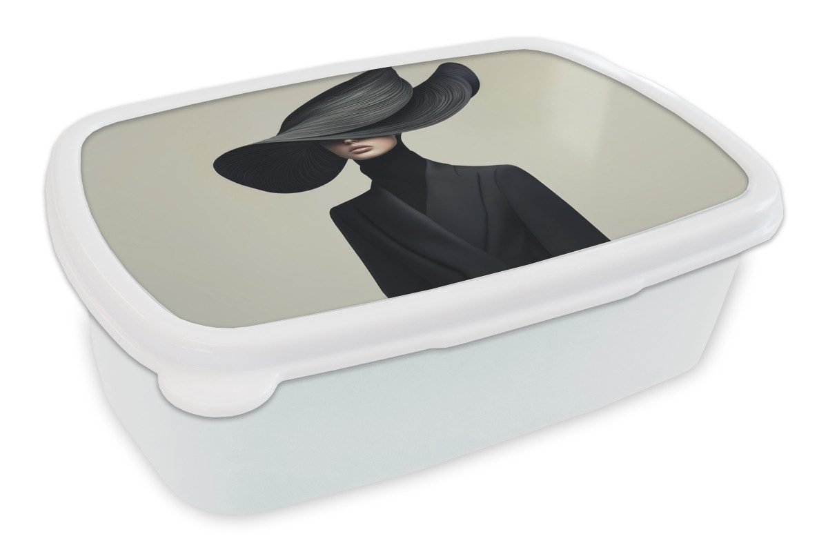 MuchoWow Lunchbox Schwarz - Frau - Hut, Kunststoff, (2-tlg), Brotdose Schule oder Arbeit, Brotbox für Kinder und Erwachsene