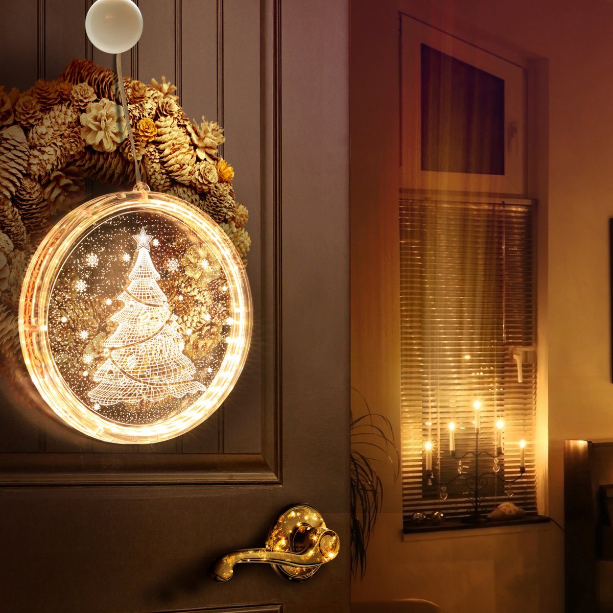 Deko, Beleuchtetes Lichter, LED Restaurant Fensterbild 3D-Effekt Spiegel Party Sunicol Hängend Wand Glas Fenster Saugnapf Weihnachten Batterie, Lichtervorhang,