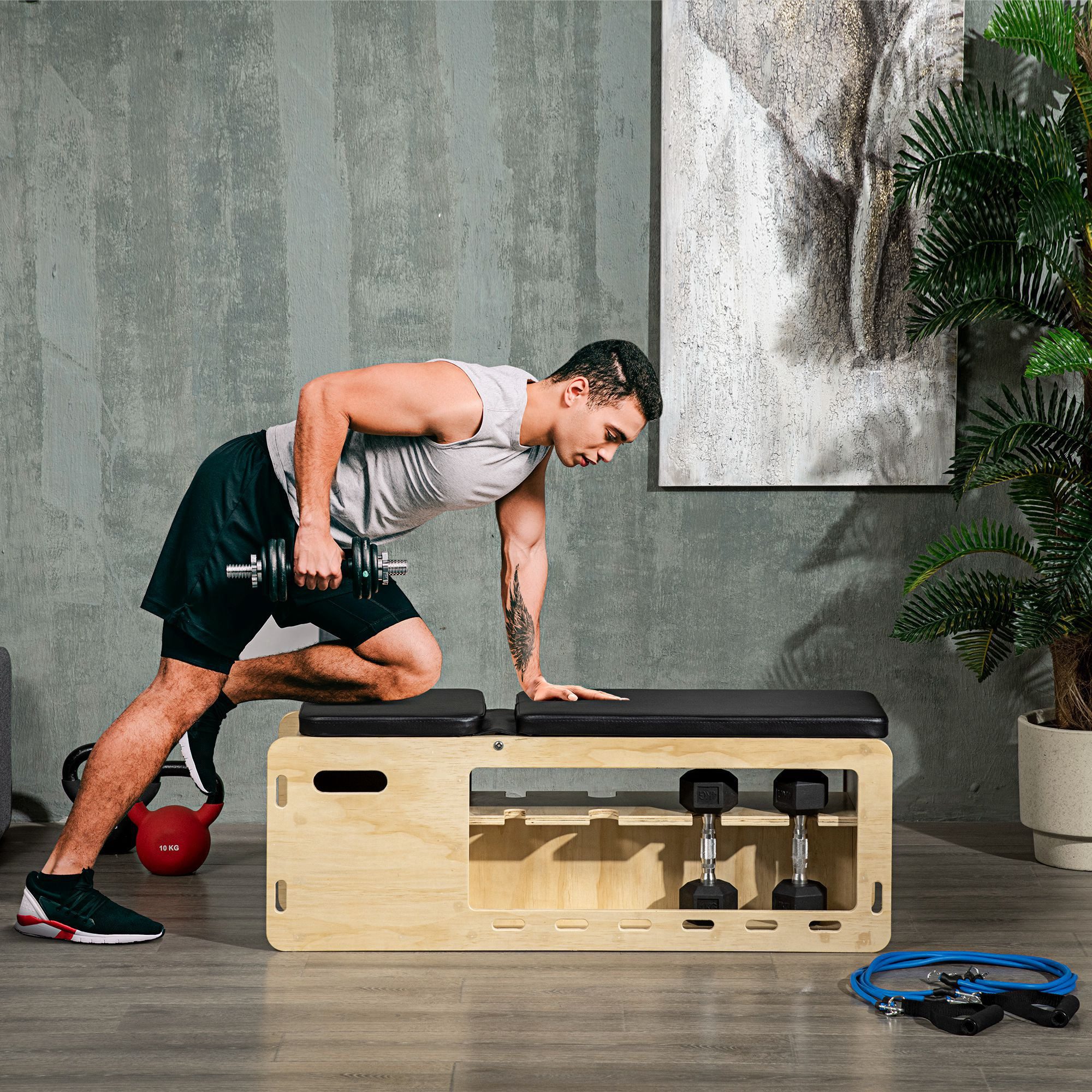 HOMCOM Hantelbank mit Aufbewahrungsbox und Widerstandsbändern, (Trainingsbank, 1-tlg., Verstellbare Fitnessbank), für Gewichtheben, Krafttraining, Massivholz