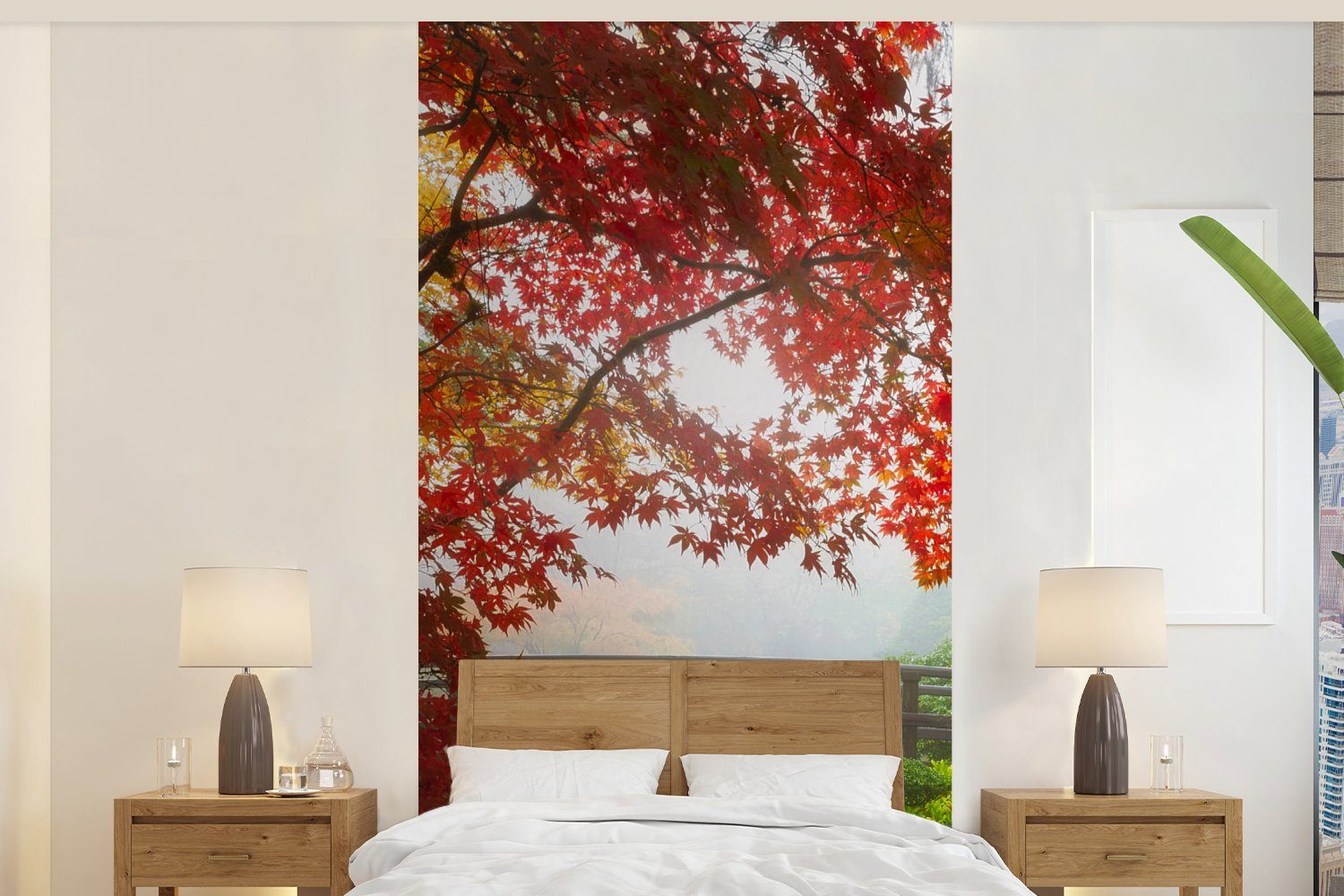 MuchoWow Fototapete Japanischer Ahorn - Bäume - Brücke - Natur - Japanisch, Matt, bedruckt, (2 St), Vliestapete für Wohnzimmer Schlafzimmer Küche, Fototapete