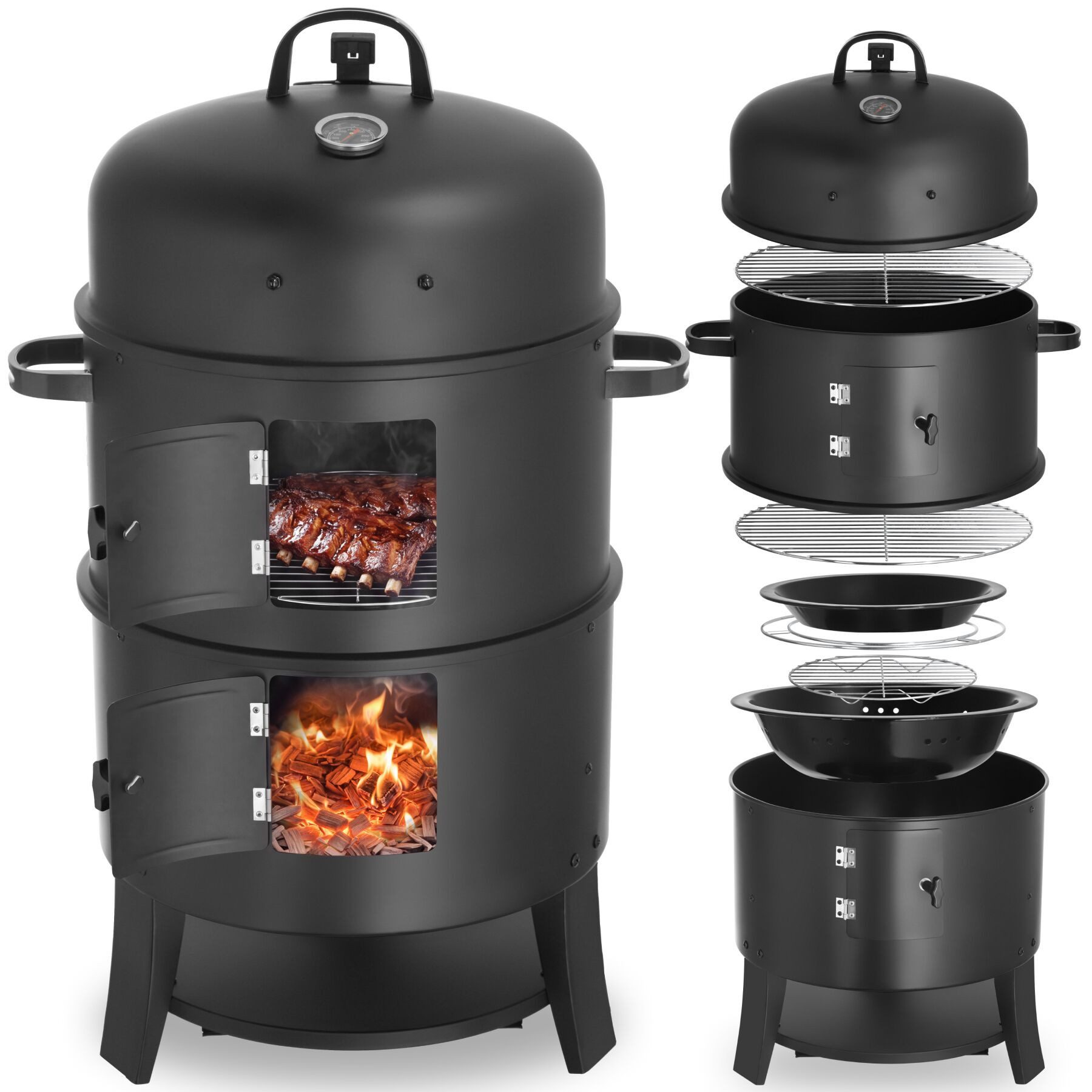 tectake Holzkohlegrill Smokerfass 3in1 mit 2 Rosten, Fasssmoker, in Schwarz, Inkl. Kohlerost, Ascheschale und Wasserschale für vielseitige Nutzung