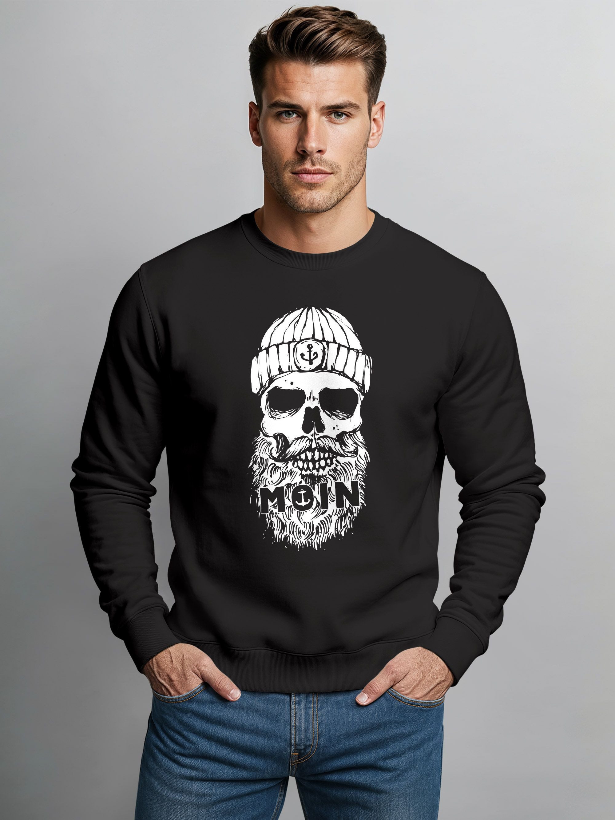 Neverless Sweatshirt Sweatshirt Herren ohne Kapuze Frontprint Moin Skull To günstig online kaufen