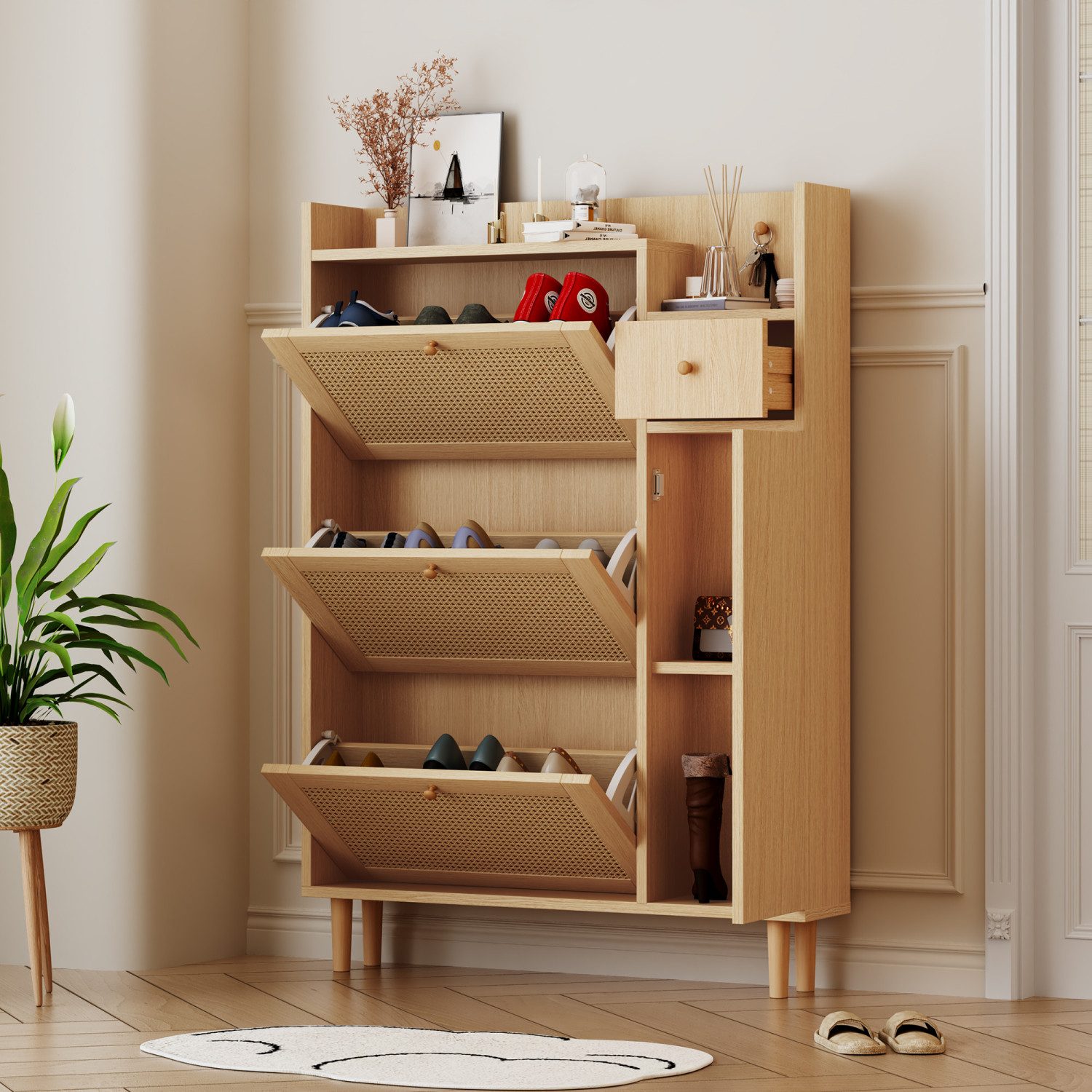 Flieks Schuhschrank (1-St., 90cm breit) Schuhregal mit 3 Klappen Schuhkommode Rattan Massivholzbeine