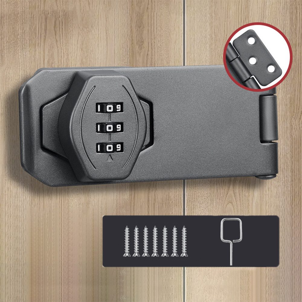 MOPUEA Möbelschloss Zahlenschloss Kombinationsschloss mit 7 Nägeln Möbelschloss Türriegel (mit Zahlencode Schrankschloss aus Zinklegierung, für Schränke, Türen und Outdoor-Nutzung), Schwarz, 4 Zoll, einfache Installation, wetterfest und abschließbar