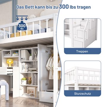 Flieks Hochbett Kinderbett Etagenbett mit Schreibtisch, Schrank, Stautreppe 90x200cm